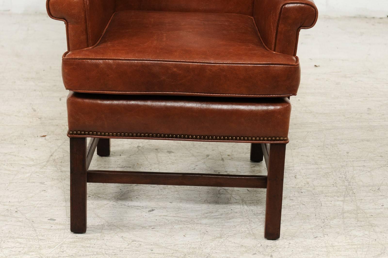 Vintage English Midcentury Brown Leather Wingback Chair with Brass Nailhead Trim In Good Condition In Atlanta, GA