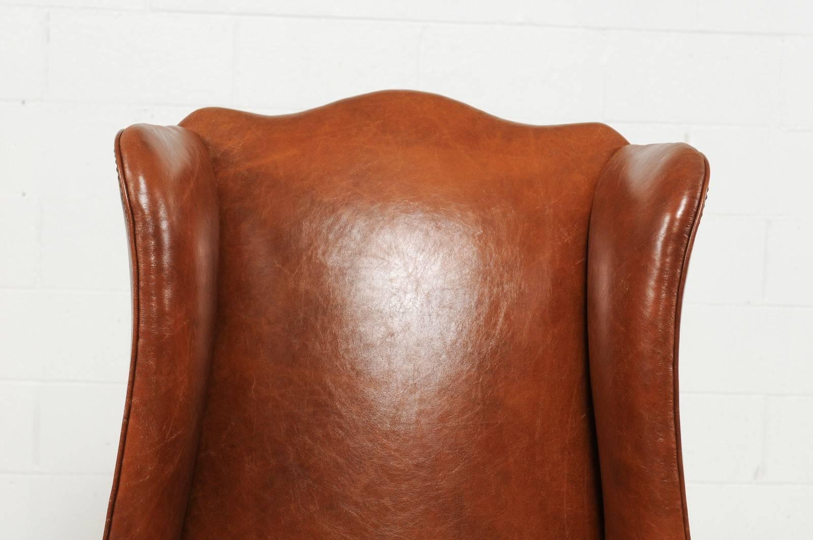 20th Century Vintage English Midcentury Brown Leather Wingback Chair with Brass Nailhead Trim