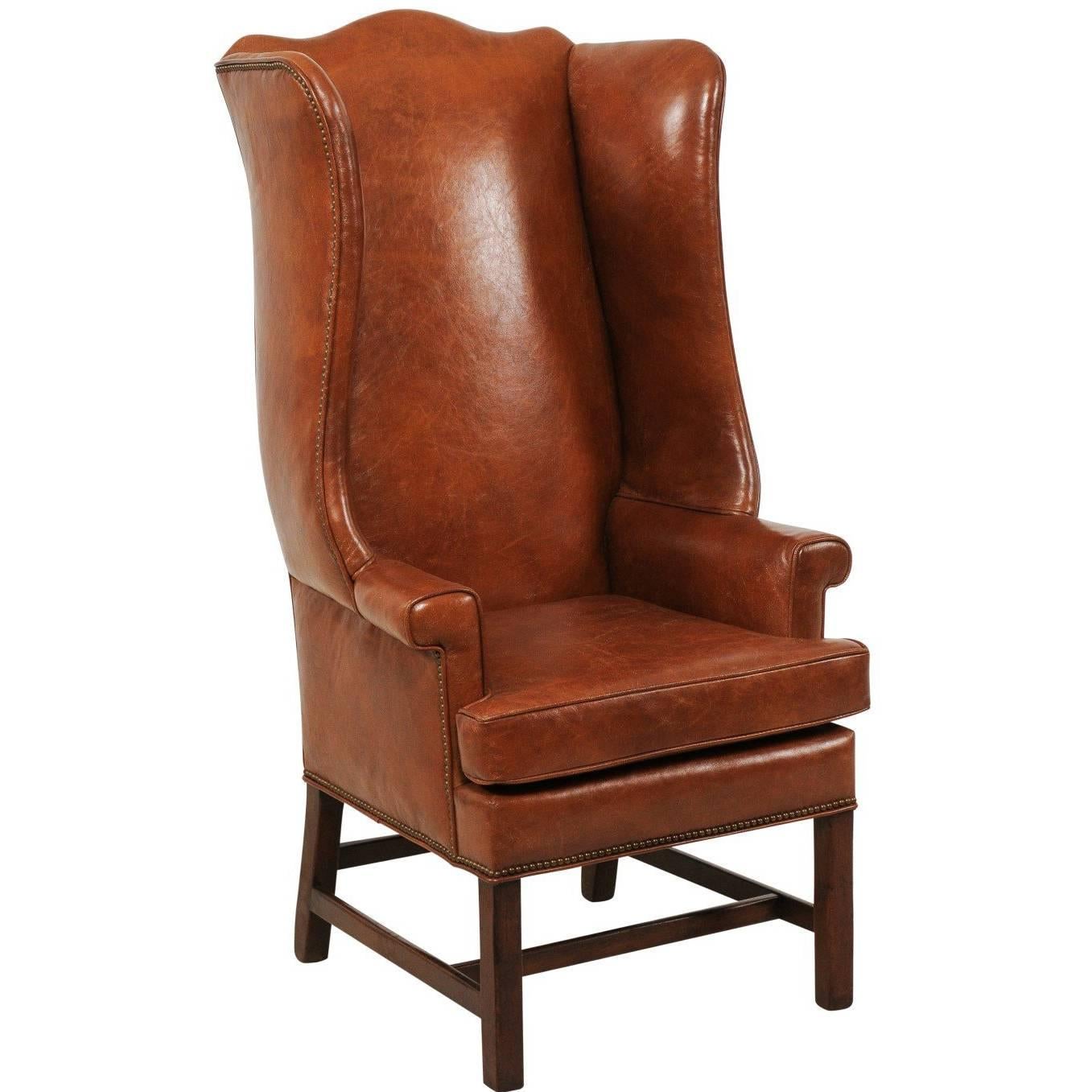Midcentury Brown Leather Wingback Chair, Antique Leather Wingback Chair