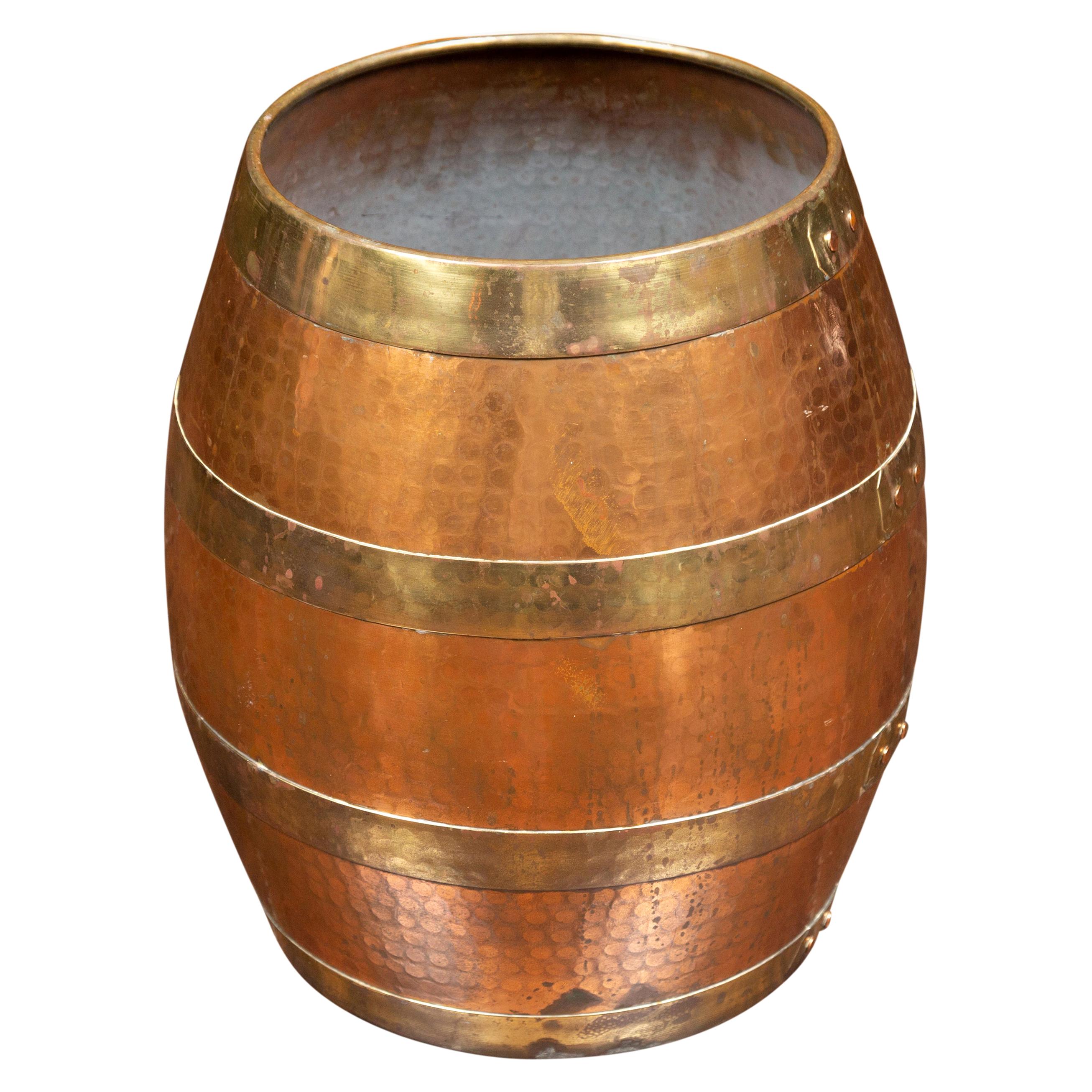Vintage English Midcentury Copper Barrel with Horizontal Brass Braces