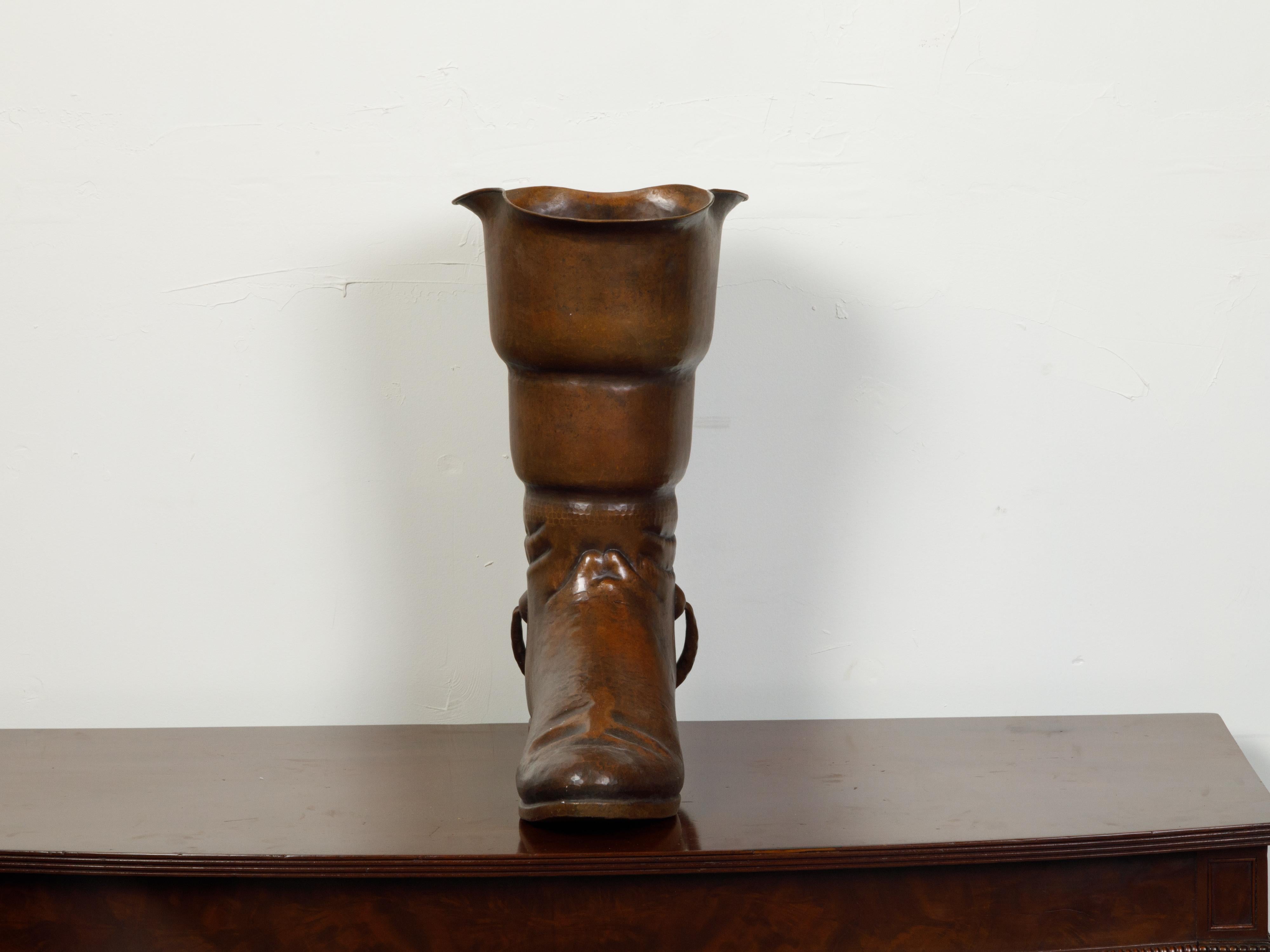 20th Century Vintage English Midcentury Copper Umbrella Stand Depicting a Boot For Sale