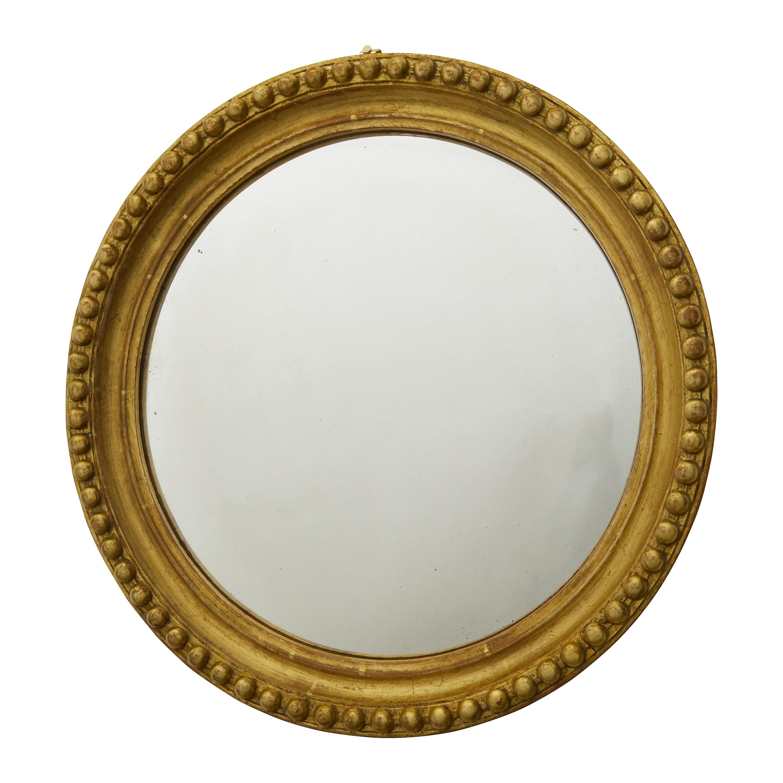 Vintage English Midcentury Giltwood Convex Mirror with Beaded Motifs