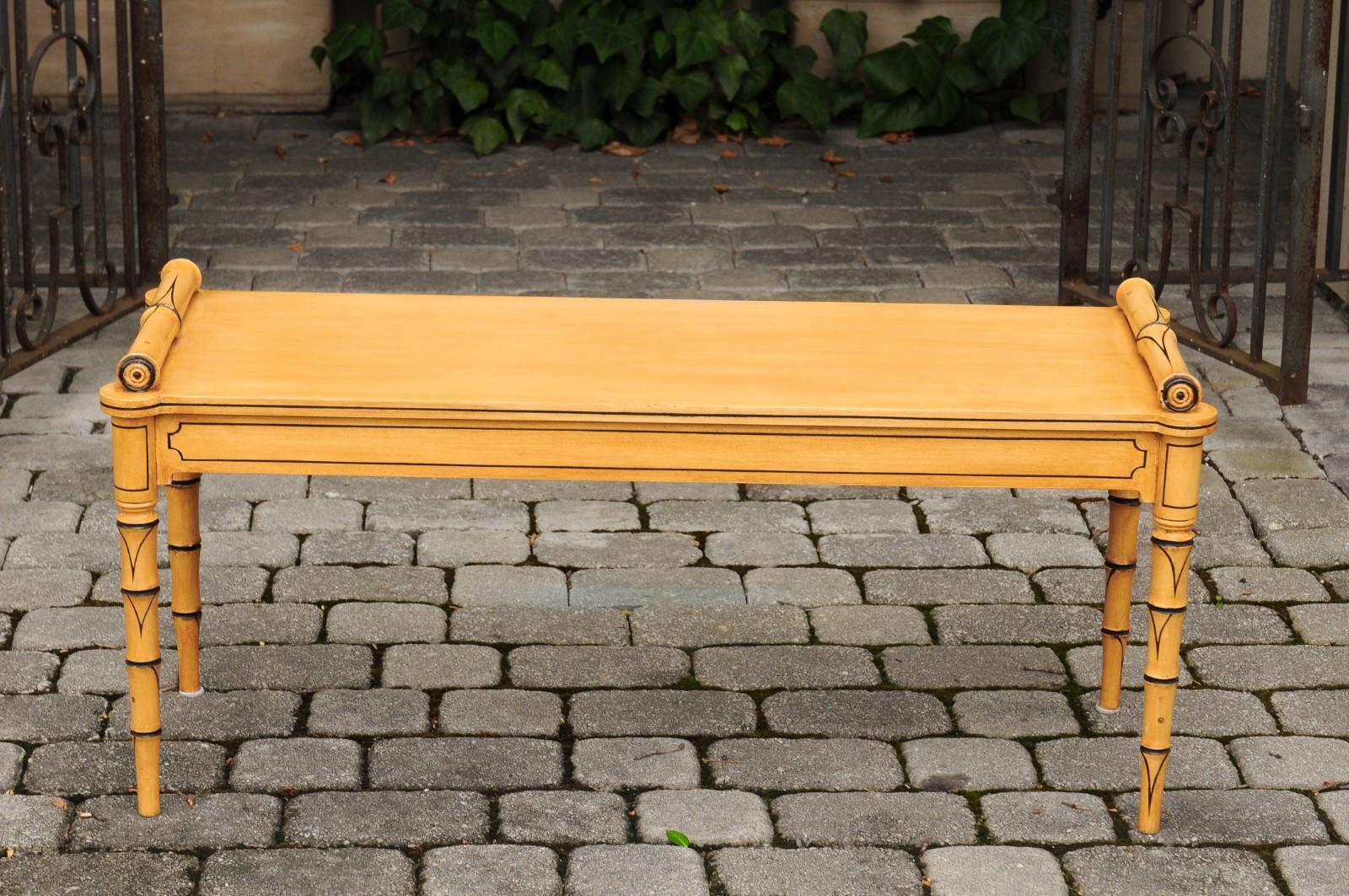 Vintage English Midcentury Goldenrod Painted Wooden Bench with Black Accents For Sale 5