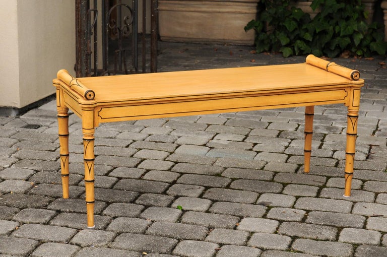 Vintage English Midcentury Goldenrod Painted Wooden Bench with Black Accents For Sale 1