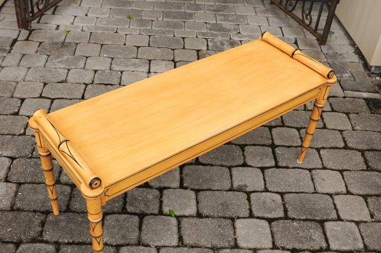 Vintage English Midcentury Goldenrod Painted Wooden Bench with Black Accents For Sale 3