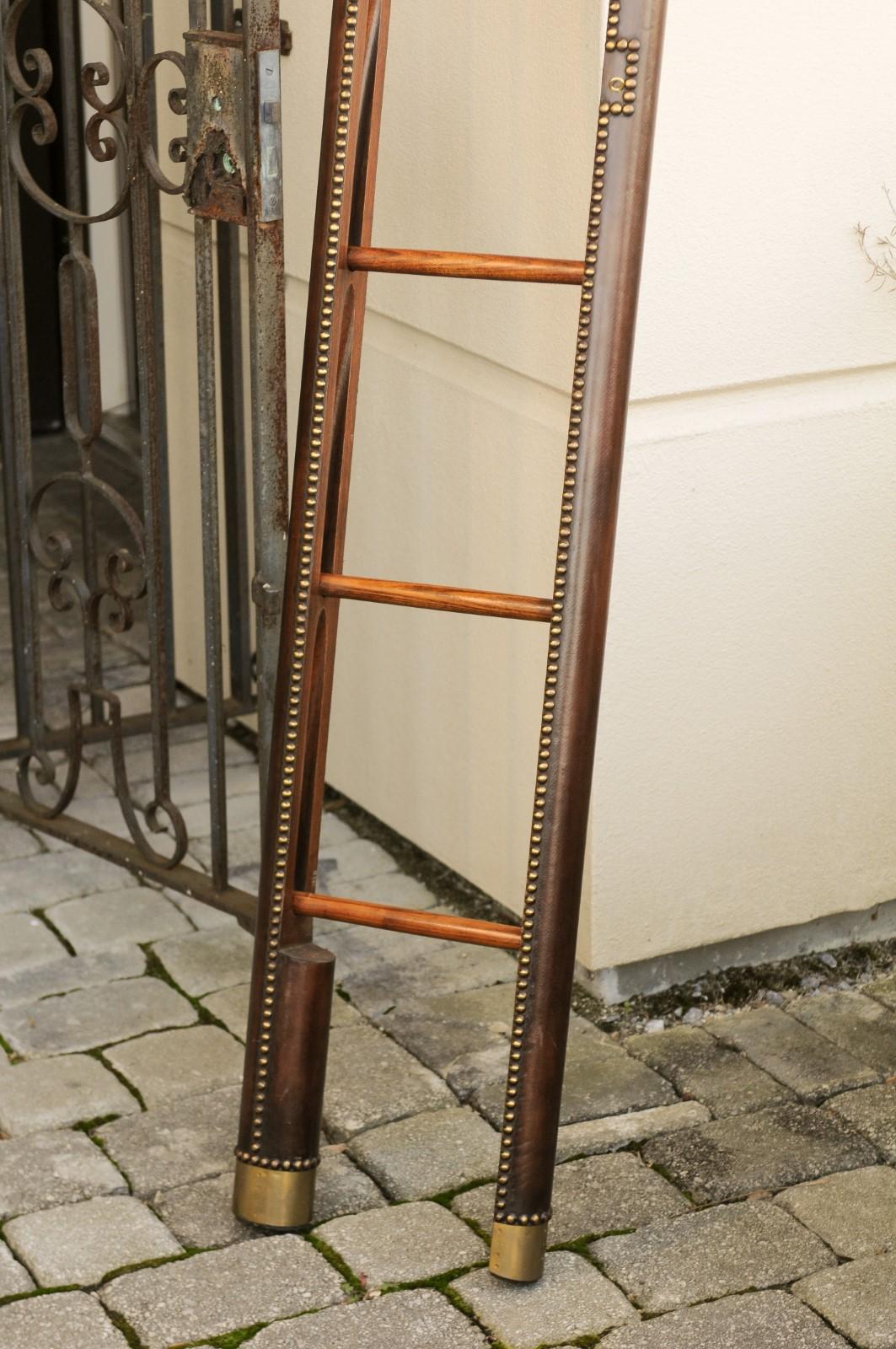Vintage English Midcentury Period Leather Folding Ladder with Brass Accents 2