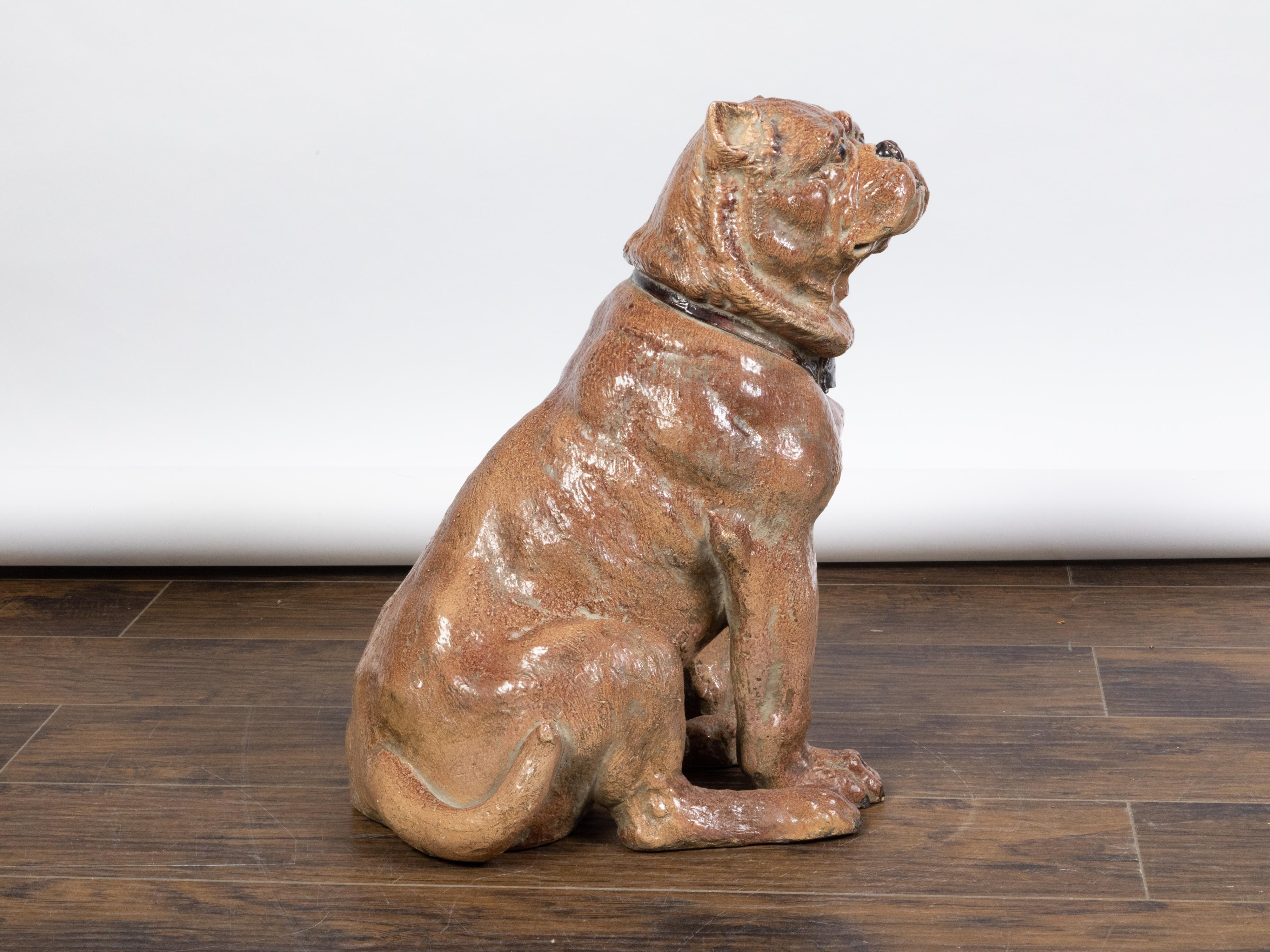 Vintage English Midcentury Sitting Bulldog Pottery Statue with Black Collar For Sale 1