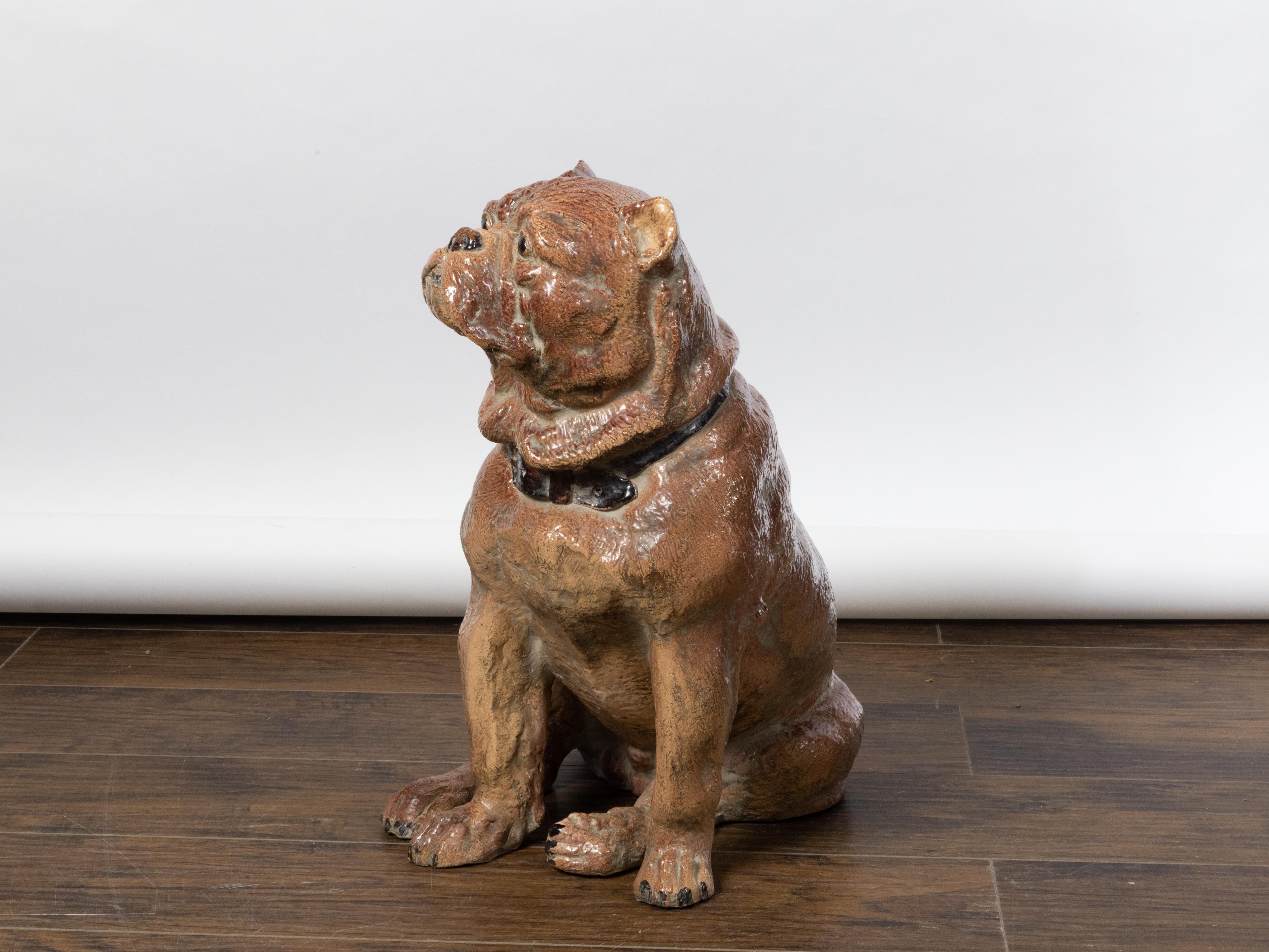 Glazed Vintage English Midcentury Sitting Bulldog Pottery Statue with Black Collar For Sale