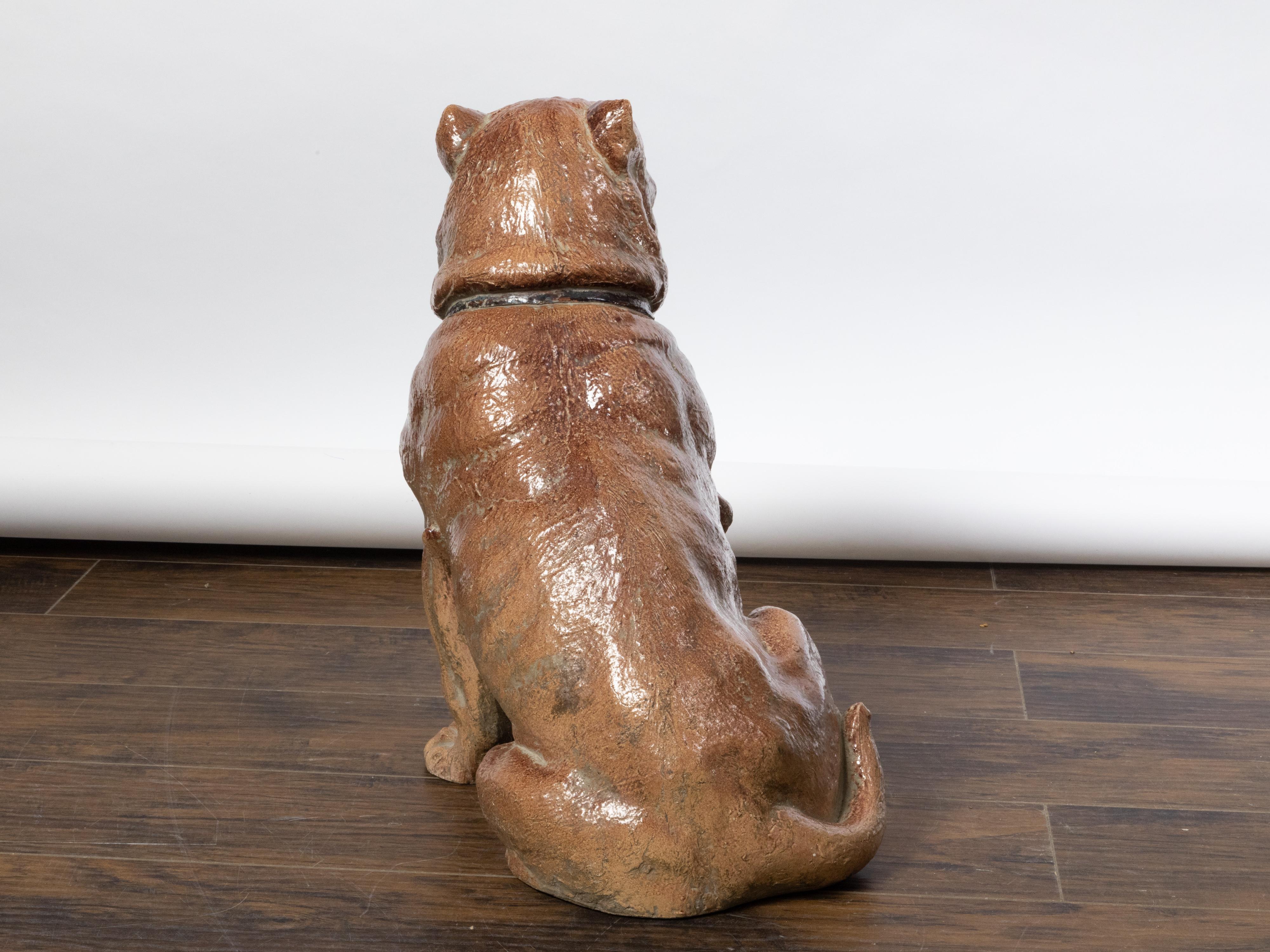 Vintage English Midcentury Sitting Bulldog Pottery Statue with Black Collar In Good Condition For Sale In Atlanta, GA
