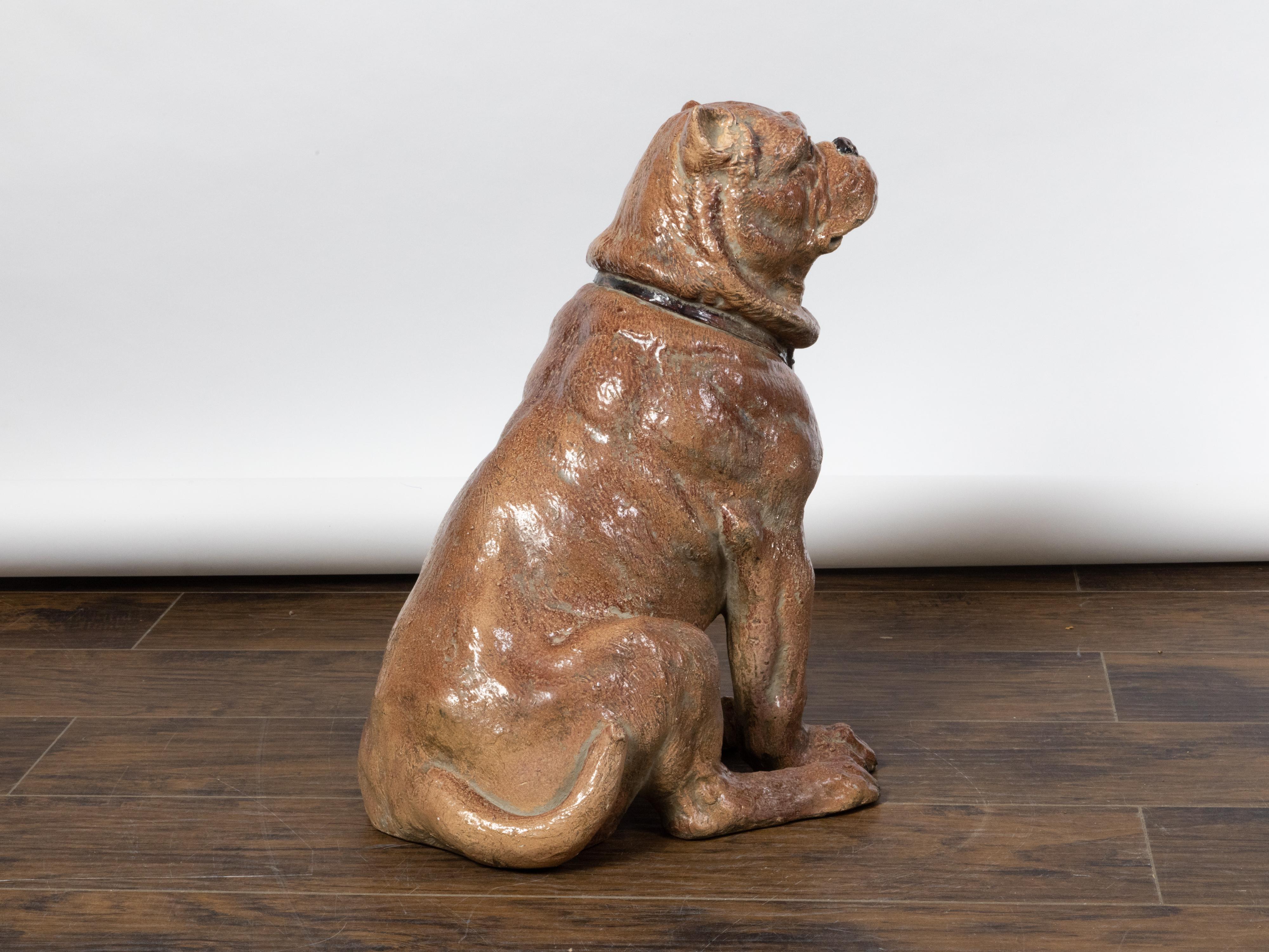 20th Century Vintage English Midcentury Sitting Bulldog Pottery Statue with Black Collar For Sale