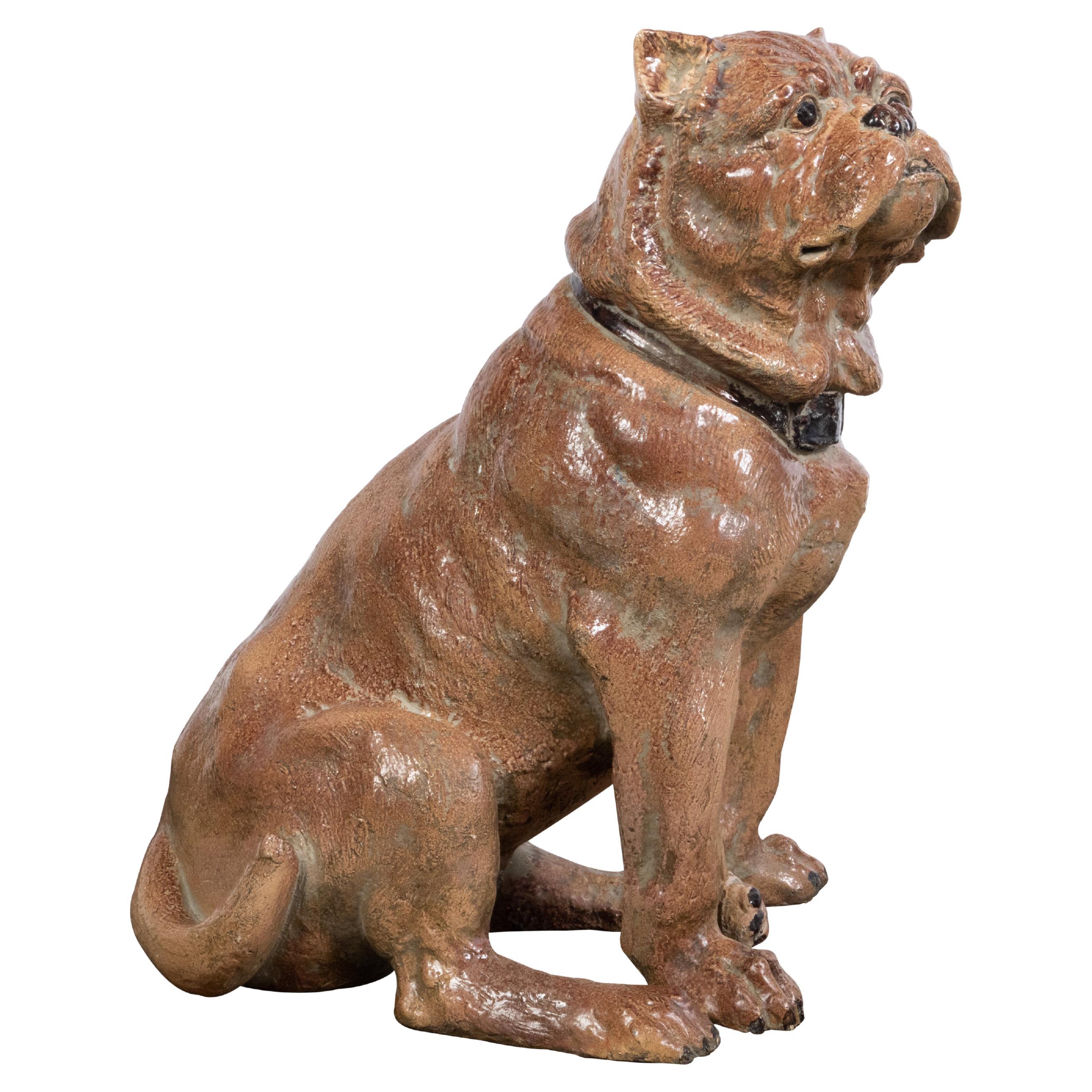 Vintage English Midcentury Sitting Bulldog Pottery Statue with Black Collar For Sale