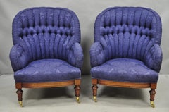 Vintage English Napoleon III Style Blue Button Tufted Fan Back Club Chairs, Pair