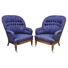 Vintage English Napoleon III Style Blue Button Tufted Fan Back Club Chairs, Pair