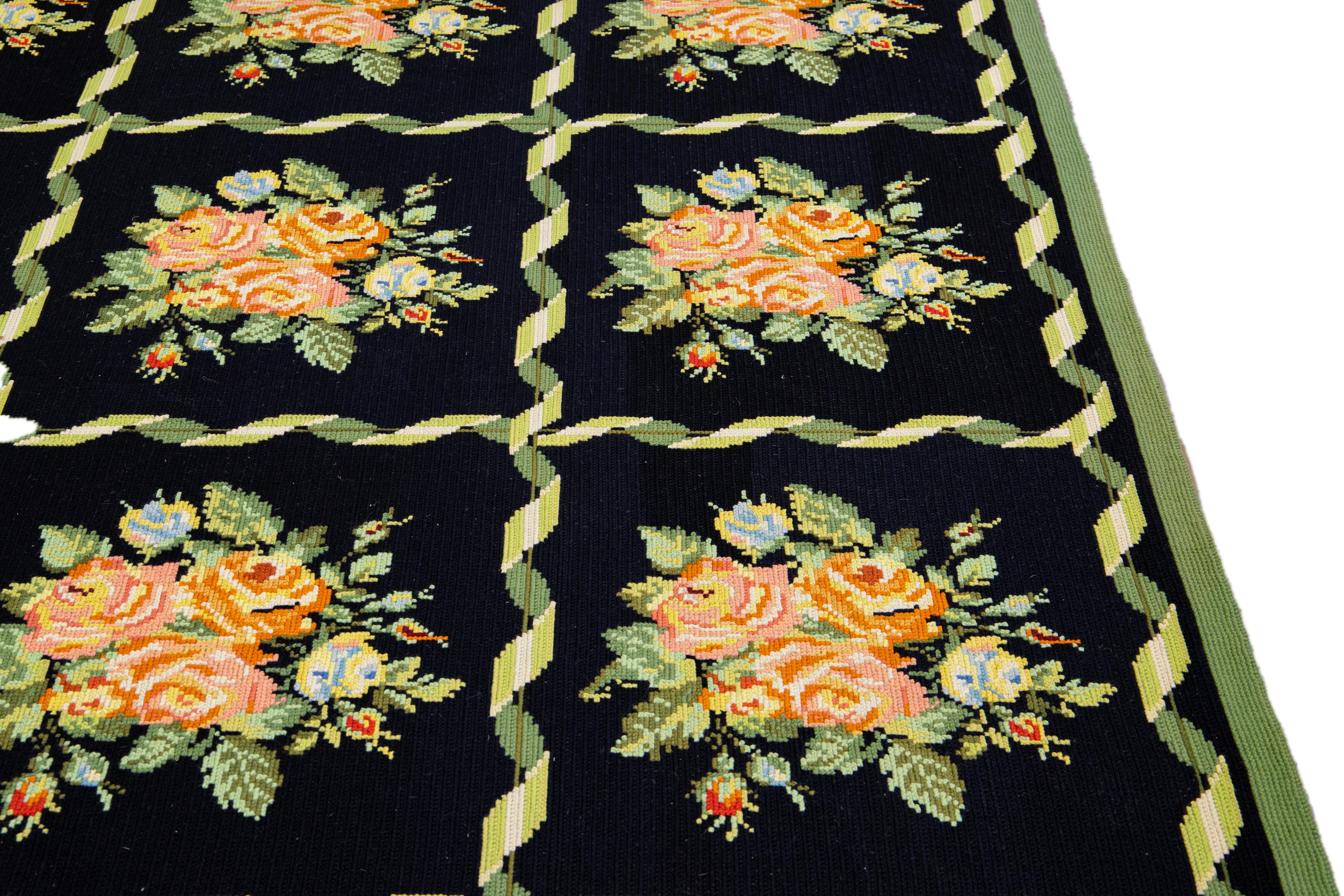 Vintage English Needlepoint Handmade Floral Black Wool Rug For Sale 5