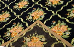 Vintage English Needlepoint Handmade Floral Black Wool Rug