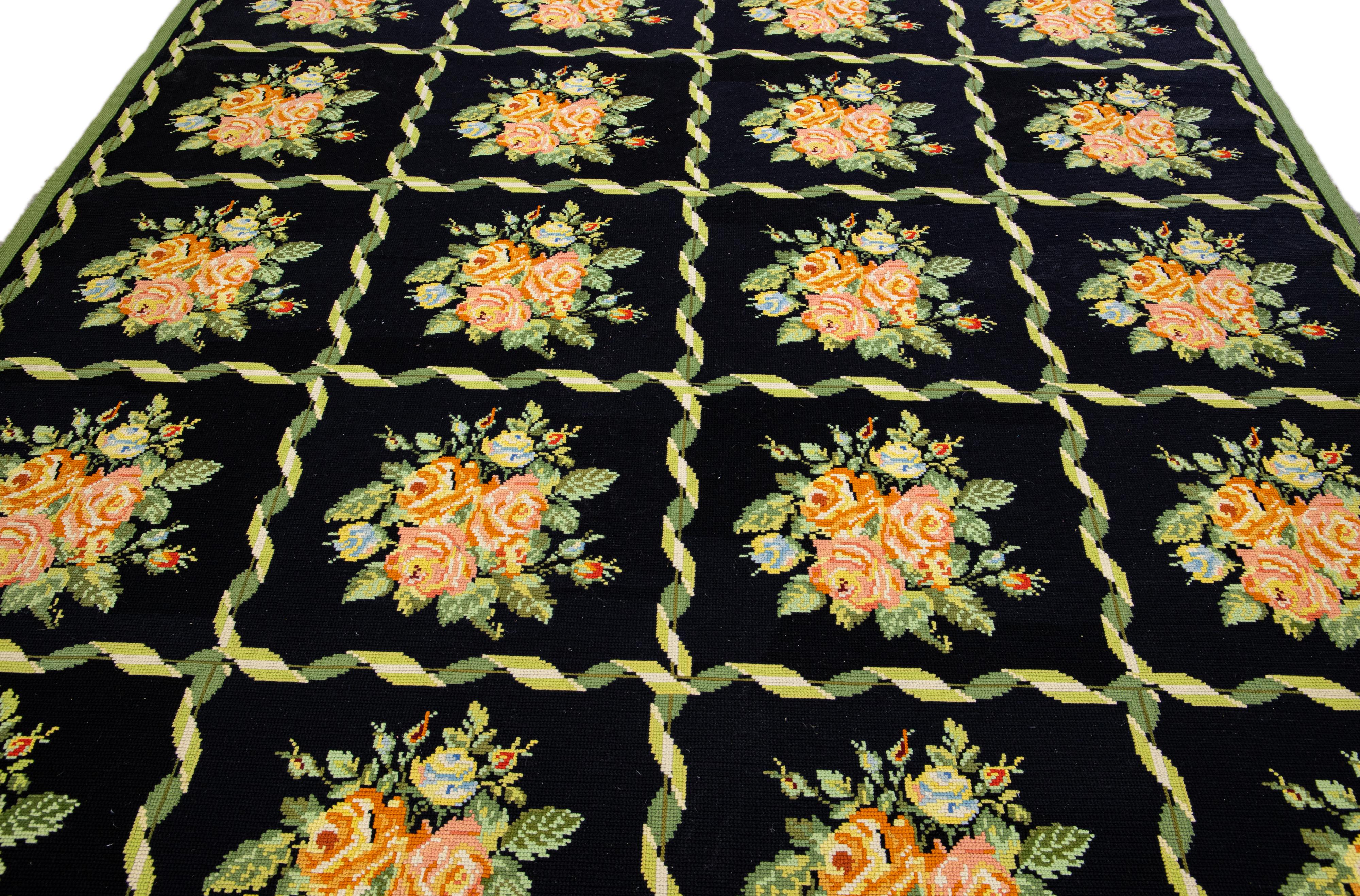 Aubusson Vintage English Needlepoint Handmade Floral Black Wool Rug For Sale