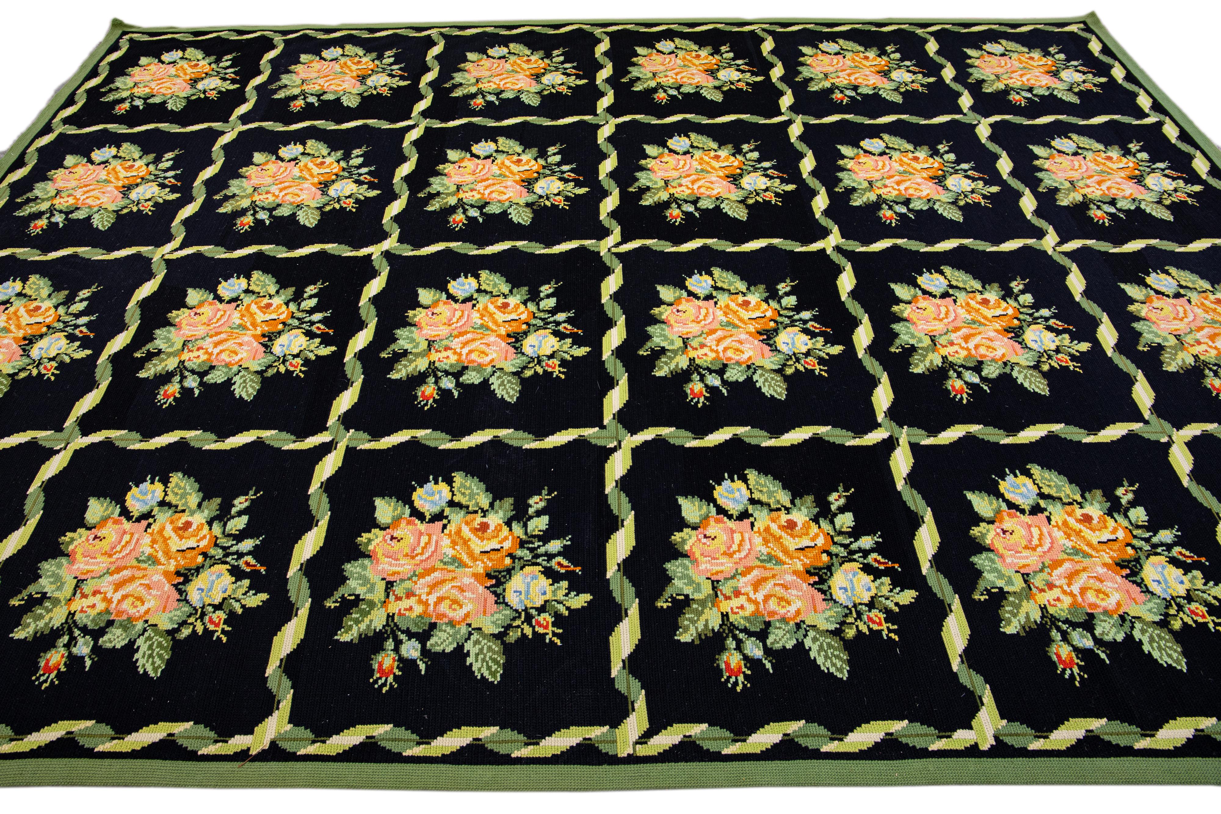 Vintage English Needlepoint Handmade Floral Black Wool Rug In Excellent Condition For Sale In Norwalk, CT