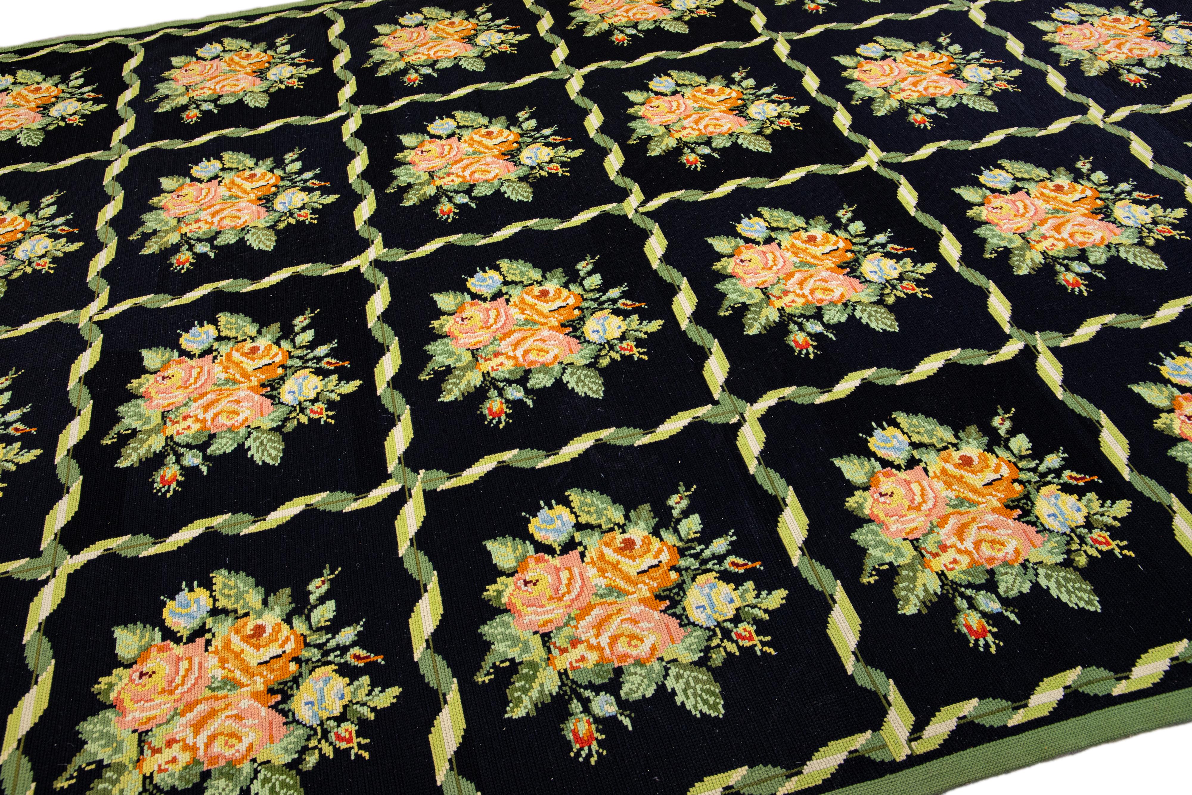 Contemporary Vintage English Needlepoint Handmade Floral Black Wool Rug For Sale