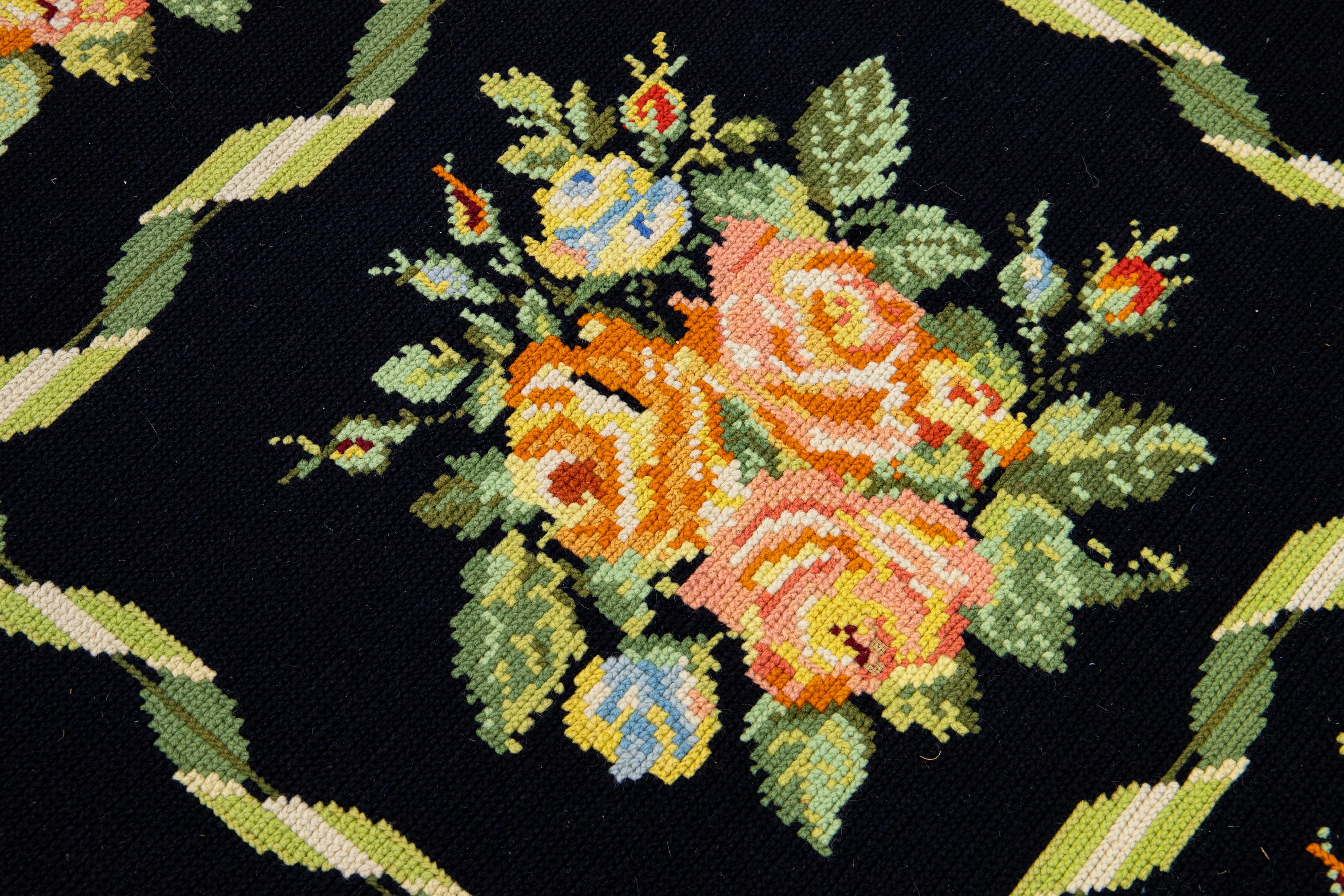 Vintage English Needlepoint Handmade Floral Black Wool Rug For Sale 2