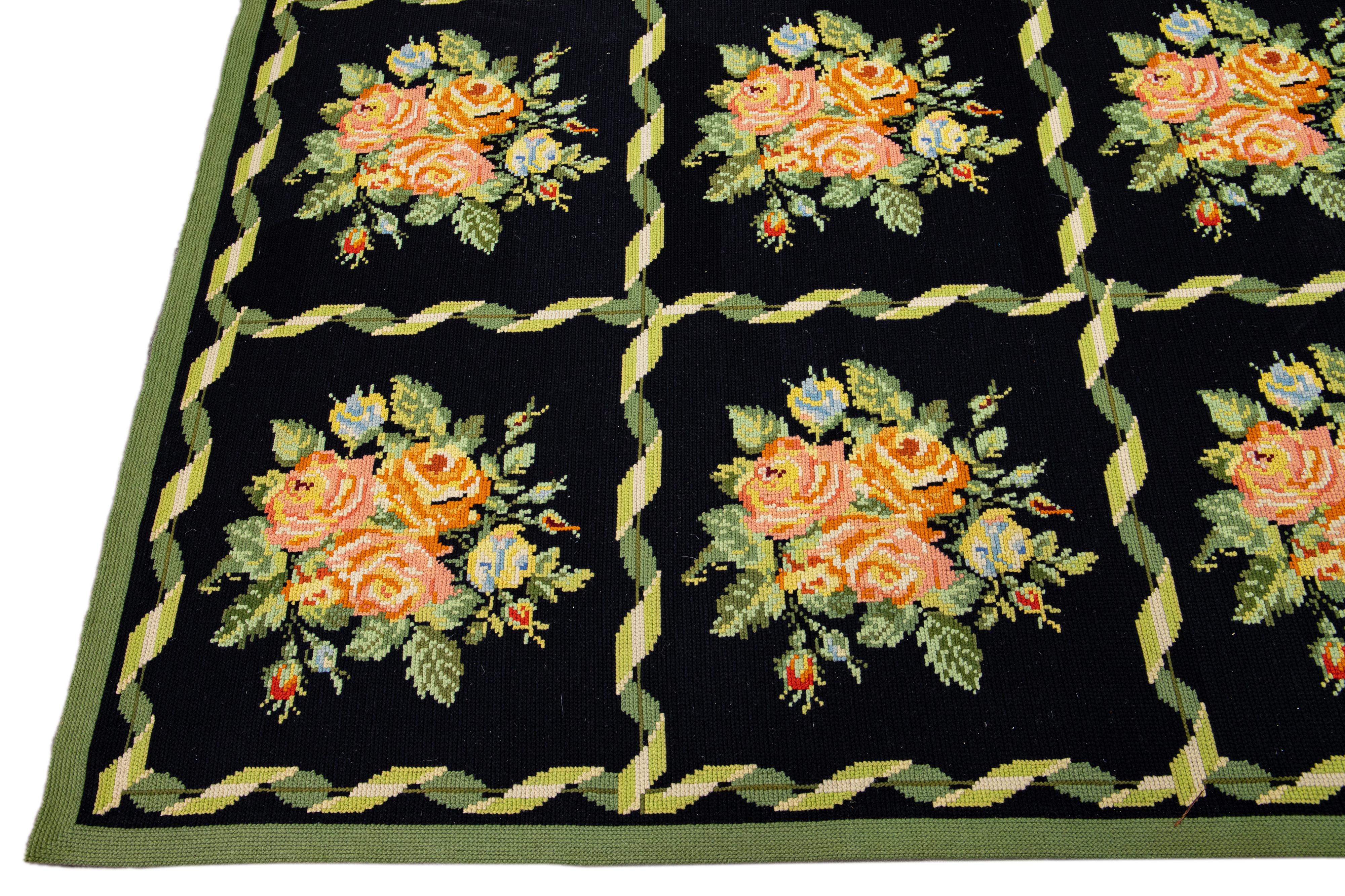 Vintage English Needlepoint Handmade Floral Black Wool Rug For Sale 3