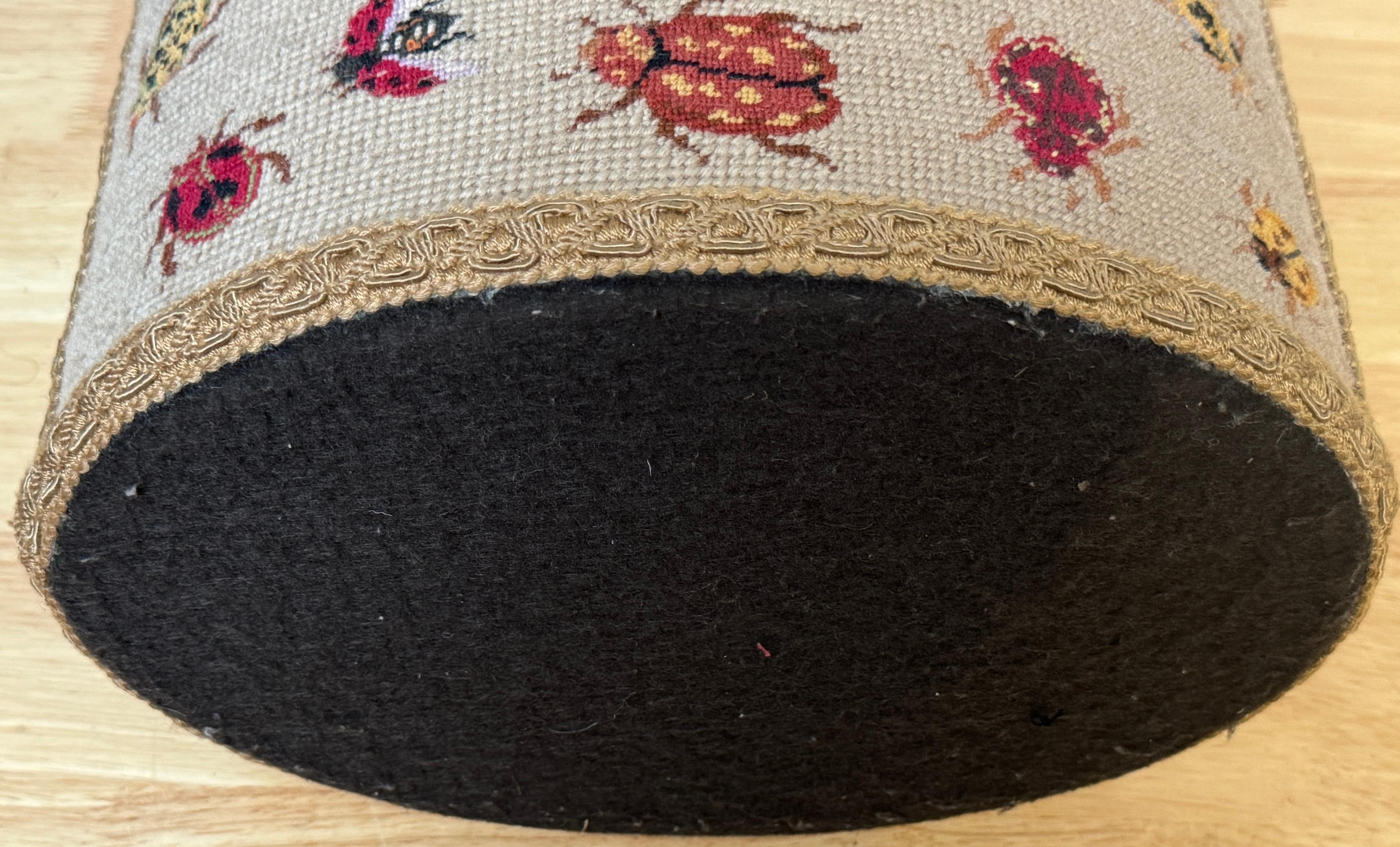 Vintage English Needlepoint Insect Motif Oval Wastepaper Basket / Trash Can 6