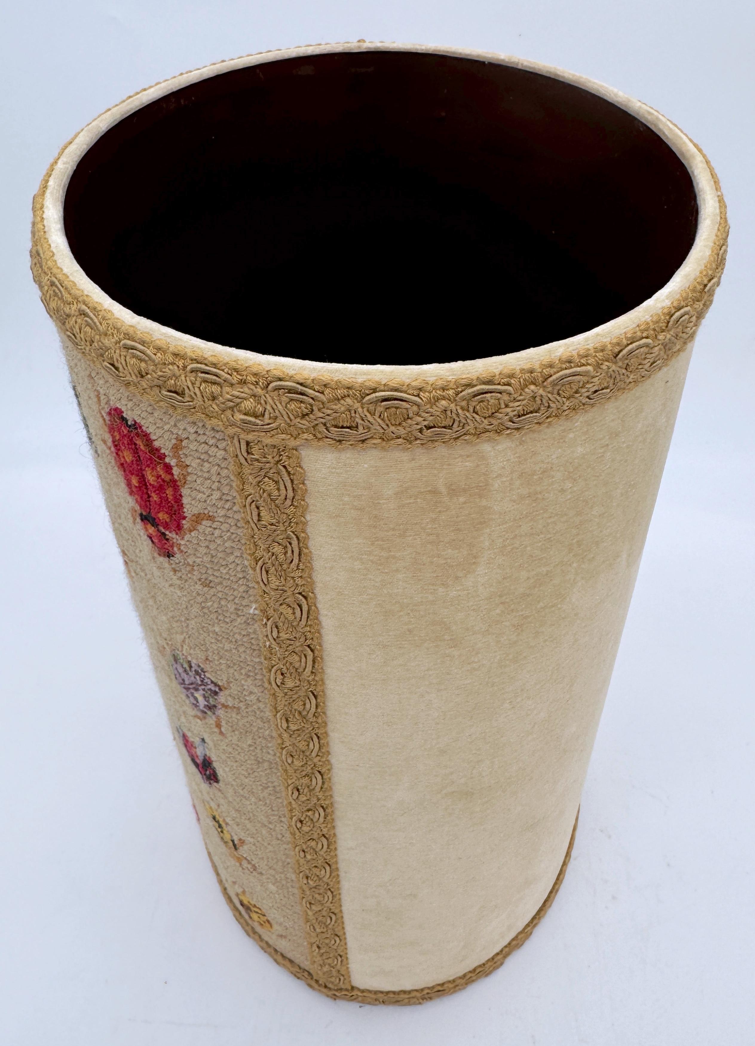 Vintage English Needlepoint Insect Motif Oval Wastepaper Basket / Trash Can 5