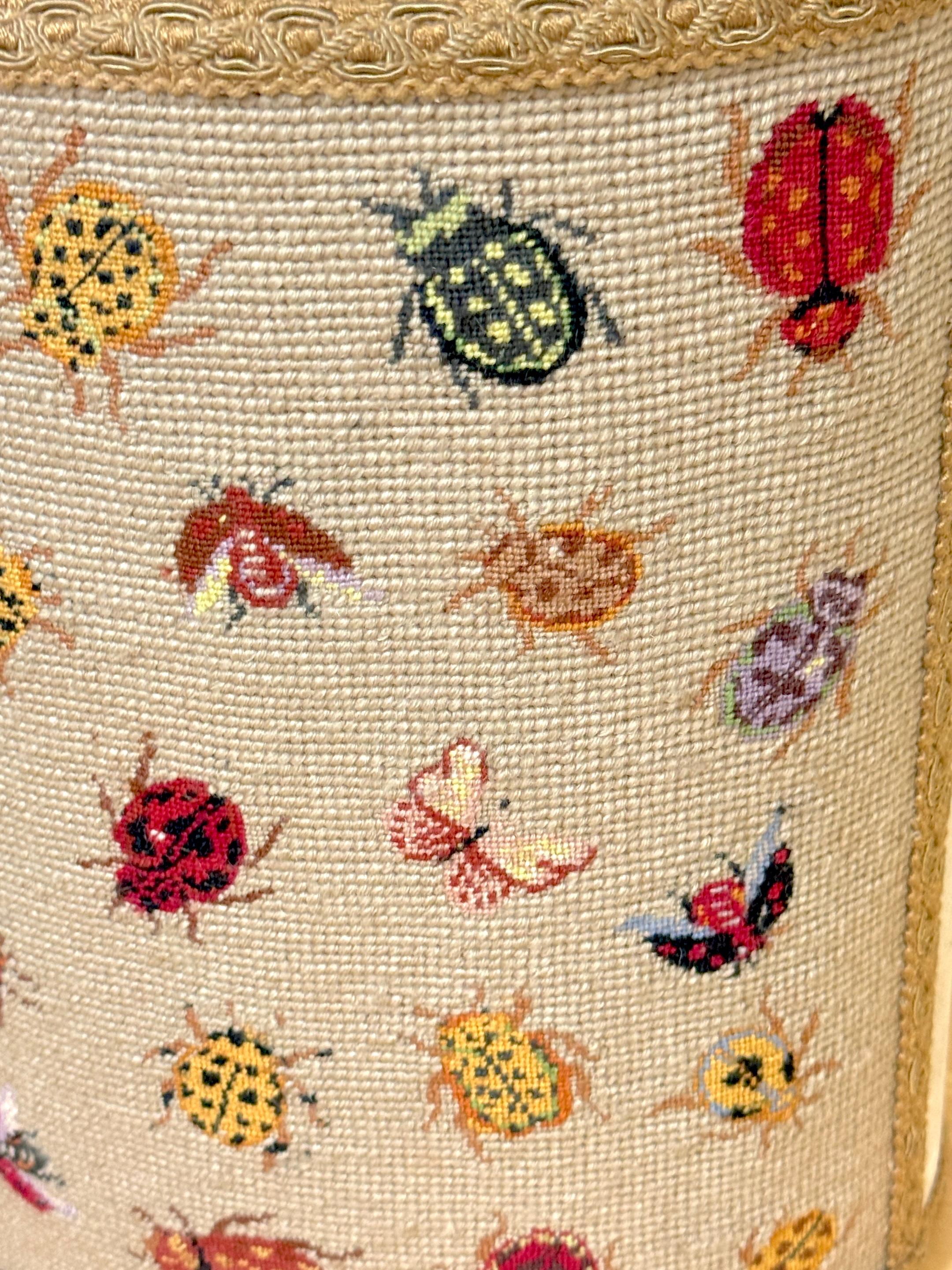 20th Century Vintage English Needlepoint Insect Motif Oval Wastepaper Basket / Trash Can