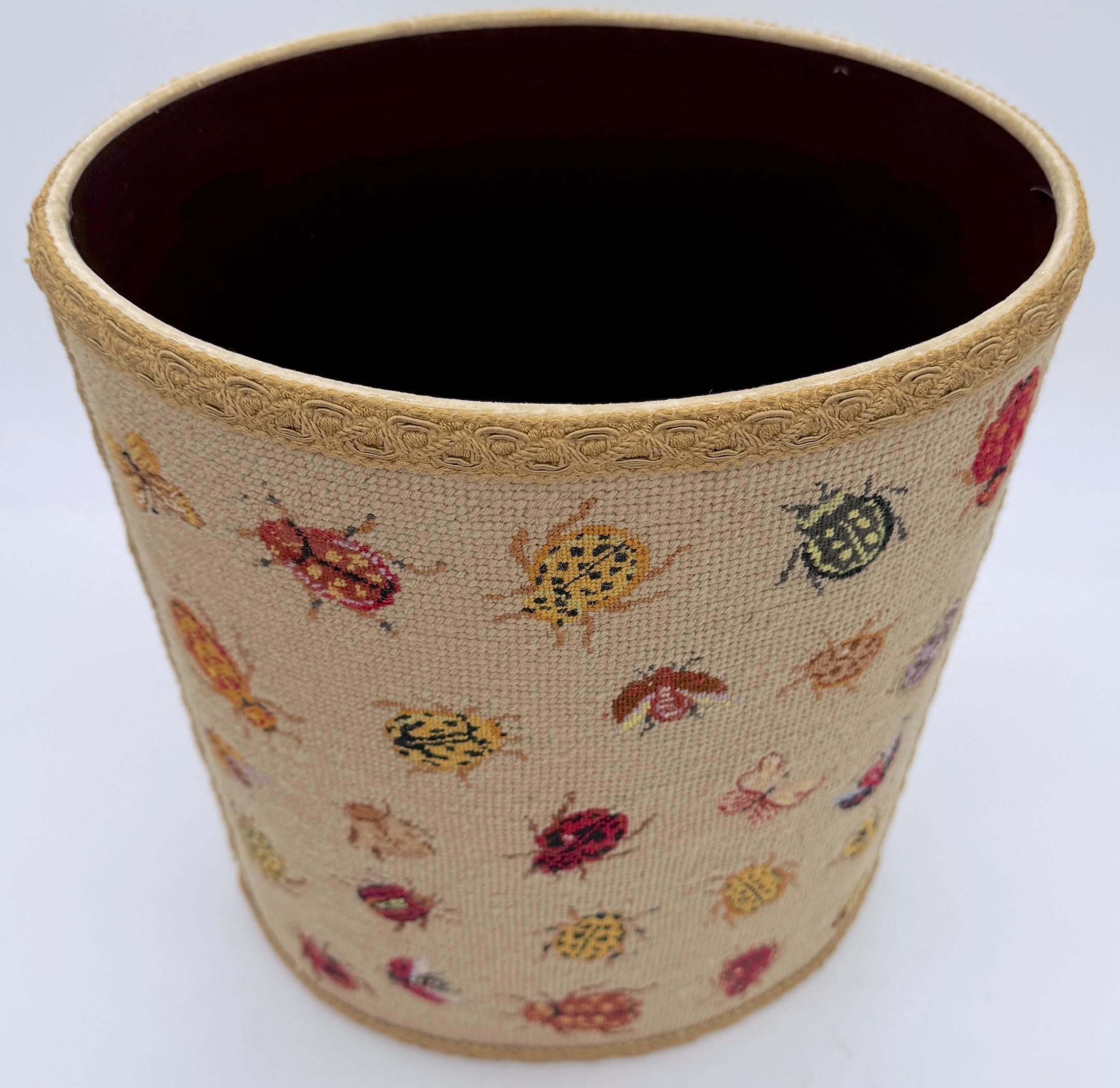 Vintage English Needlepoint Insect Motif Oval Wastepaper Basket / Trash Can In Good Condition In West Palm Beach, FL