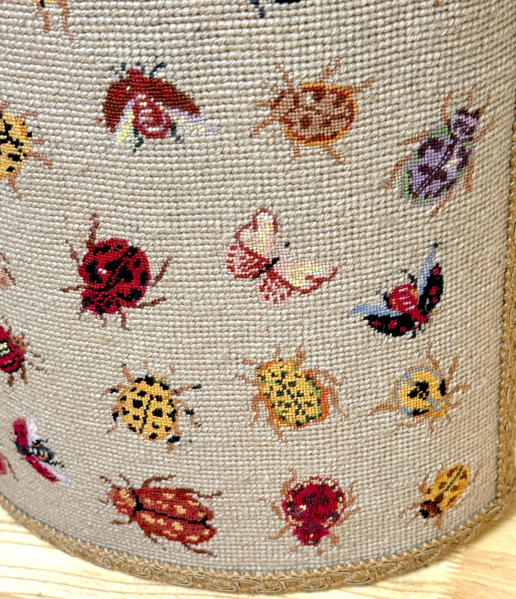 Fabric Vintage English Needlepoint Insect Motif Oval Wastepaper Basket / Trash Can