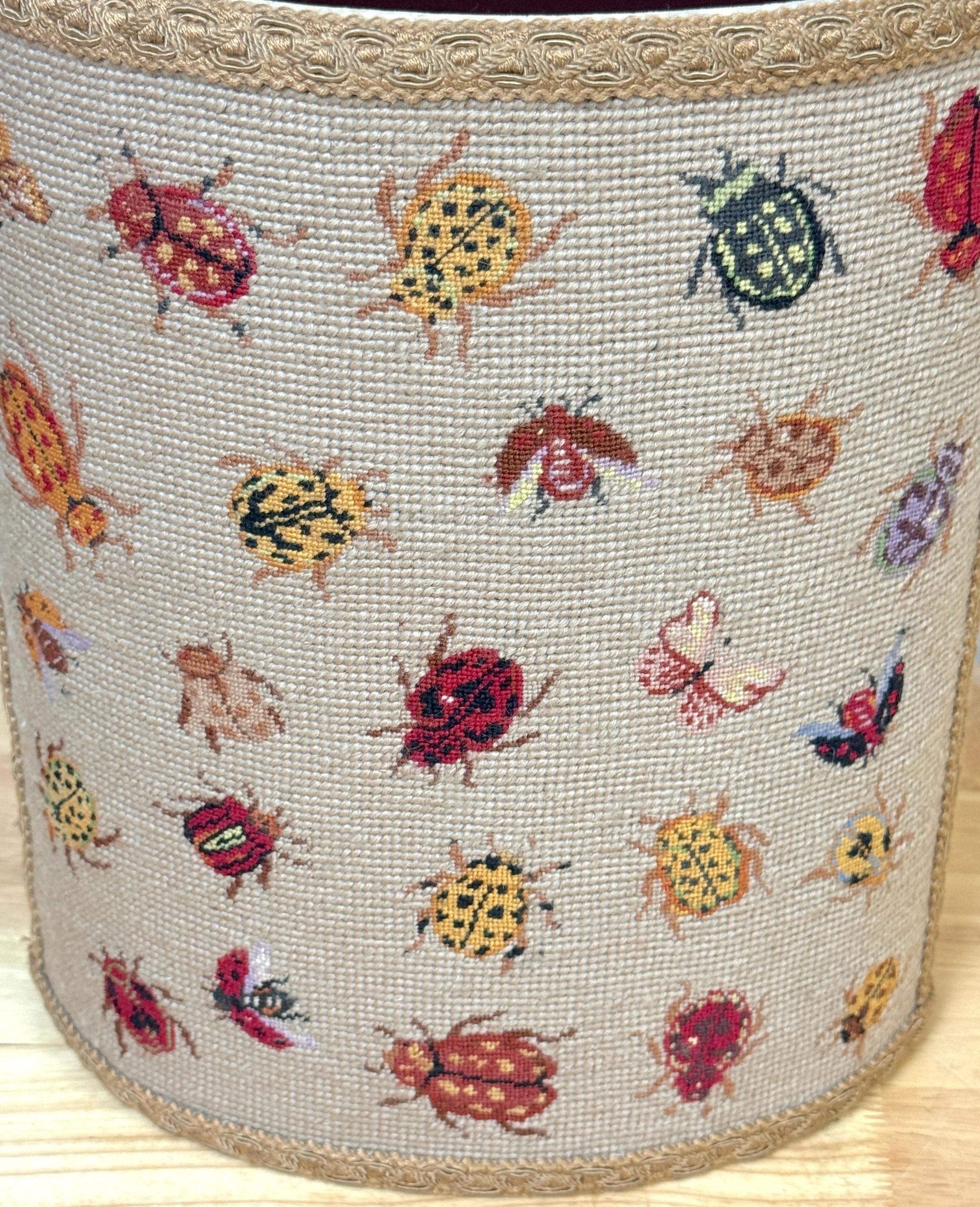 Vintage English Needlepoint Insect Motif Oval Wastepaper Basket / Trash Can 1