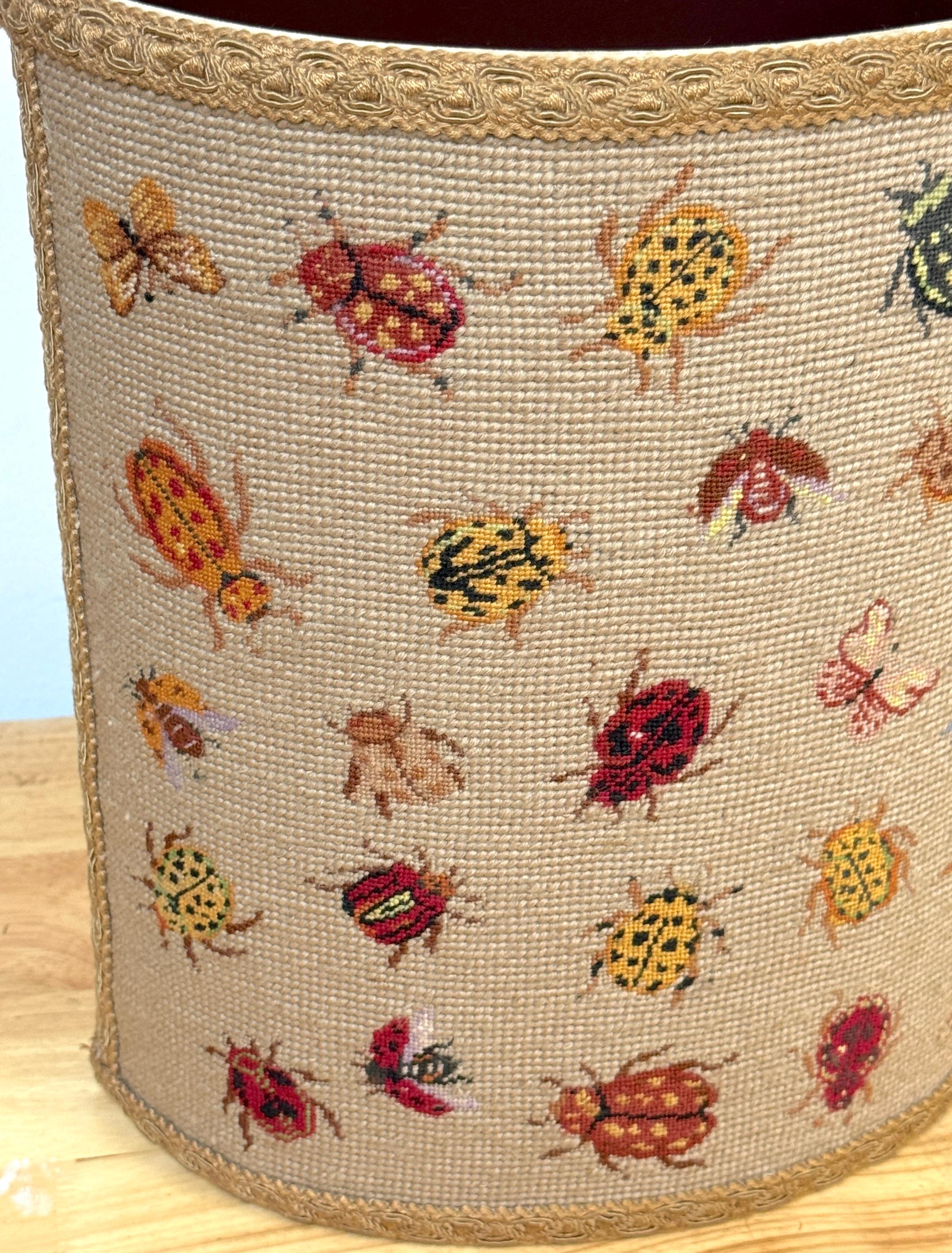 Vintage English Needlepoint Insect Motif Oval Wastepaper Basket / Trash Can 2