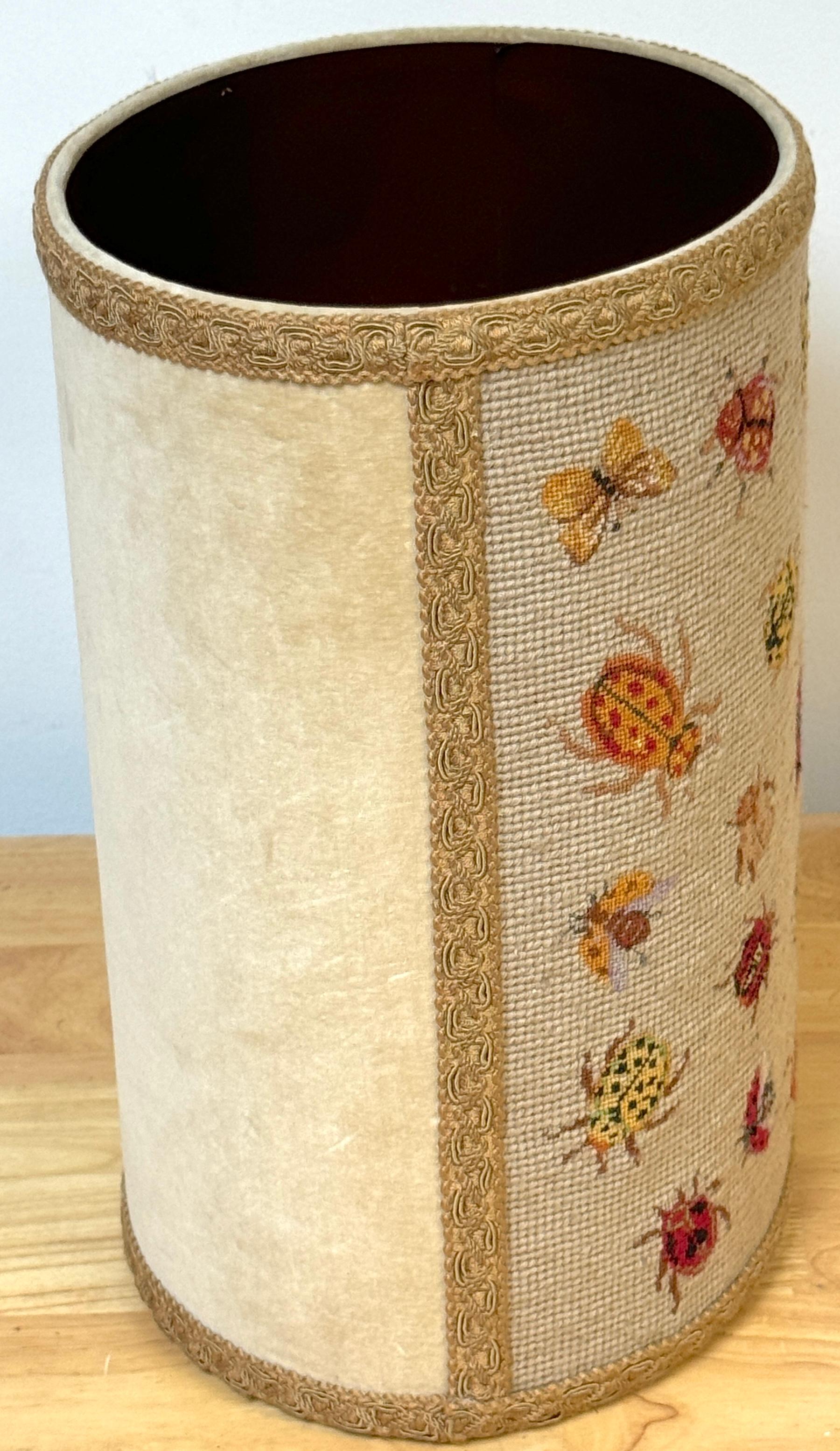 Vintage English Needlepoint Insect Motif Oval Wastepaper Basket / Trash Can 3