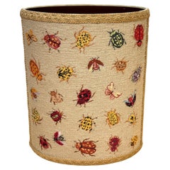 Vintage English Needlepoint Insect Motif Oval Wastepaper Basket / Trash Can