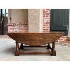 Vintage English Oak Coffee Table Slender Drop Leaf Jacobean Wake Style Oval