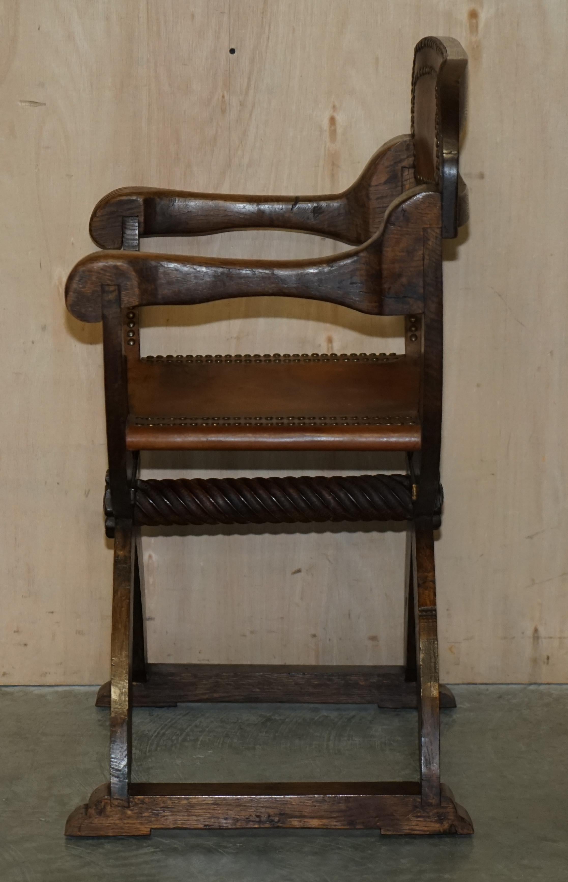 Vintage English Oak Jacobean Style Hand Carved Brown Leather x Framed Armchair For Sale 12
