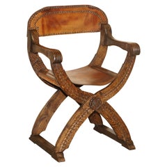 Vintage English Oak Jacobean Style Hand Carved Brown Leather x Framed Armchair