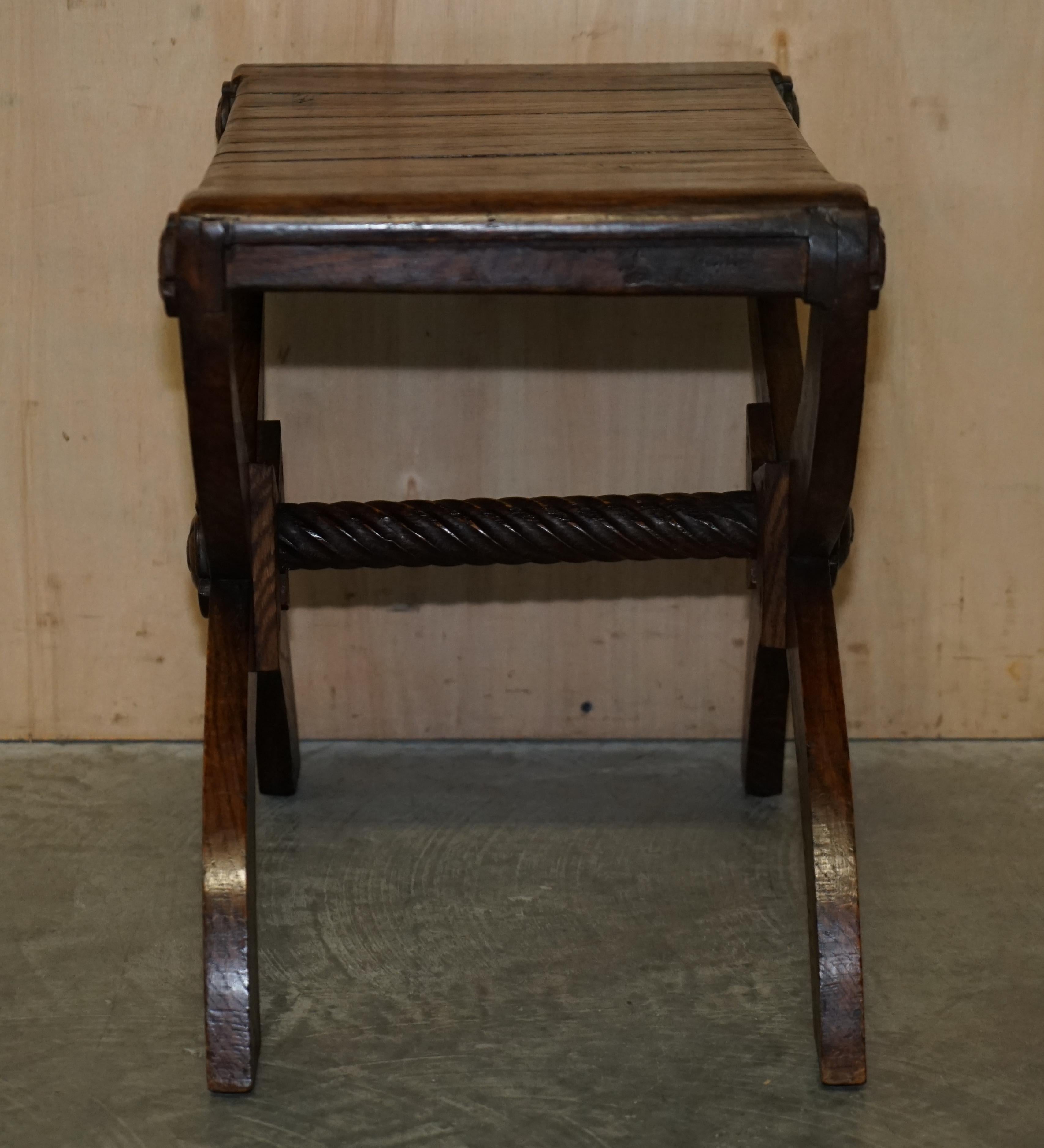 Vintage English Oak Jacobean Style Hand Carved Stool Part of a Large Suite For Sale 6