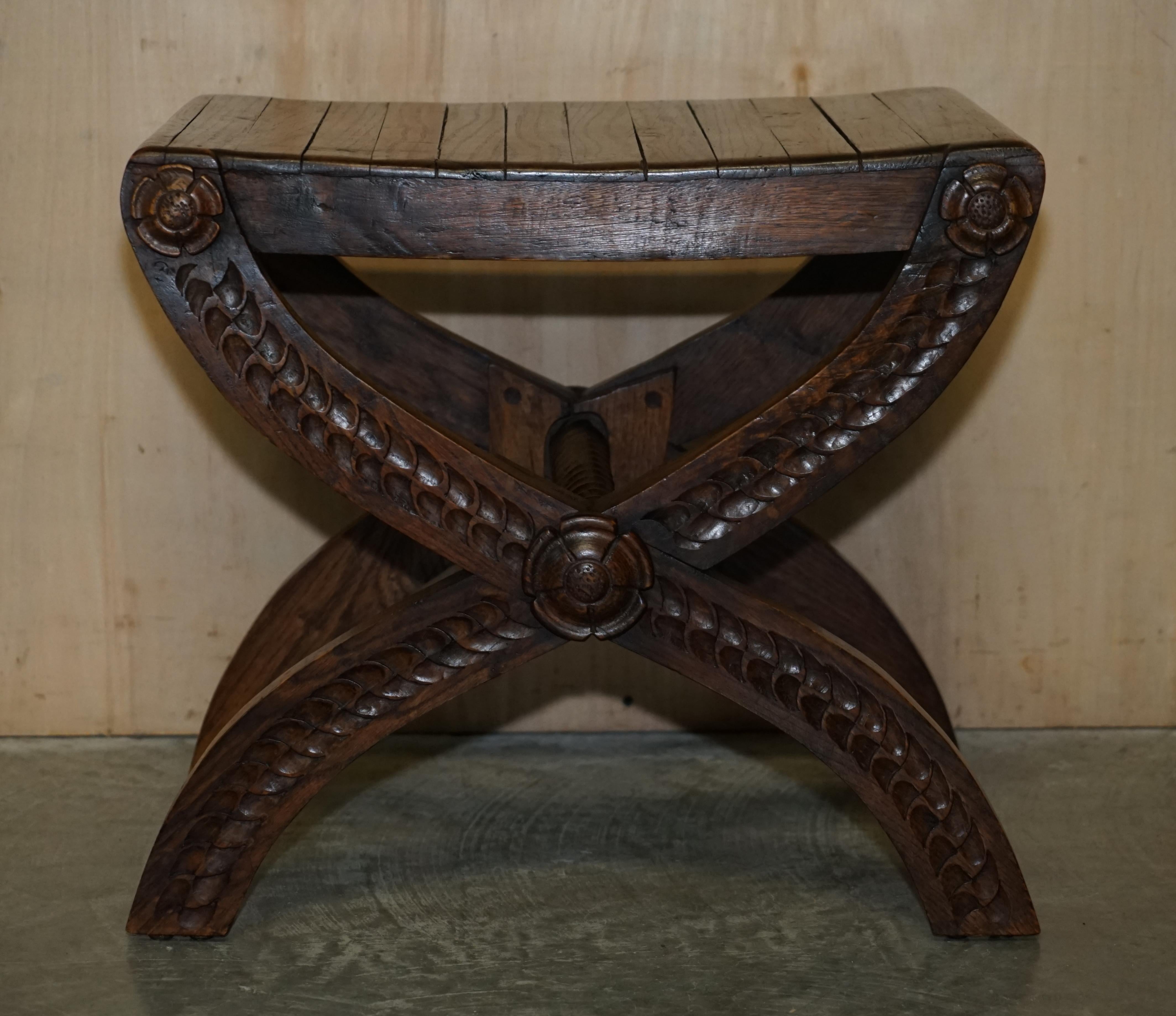 Vintage English Oak Jacobean Style Hand Carved Stool Part of a Large Suite For Sale 9