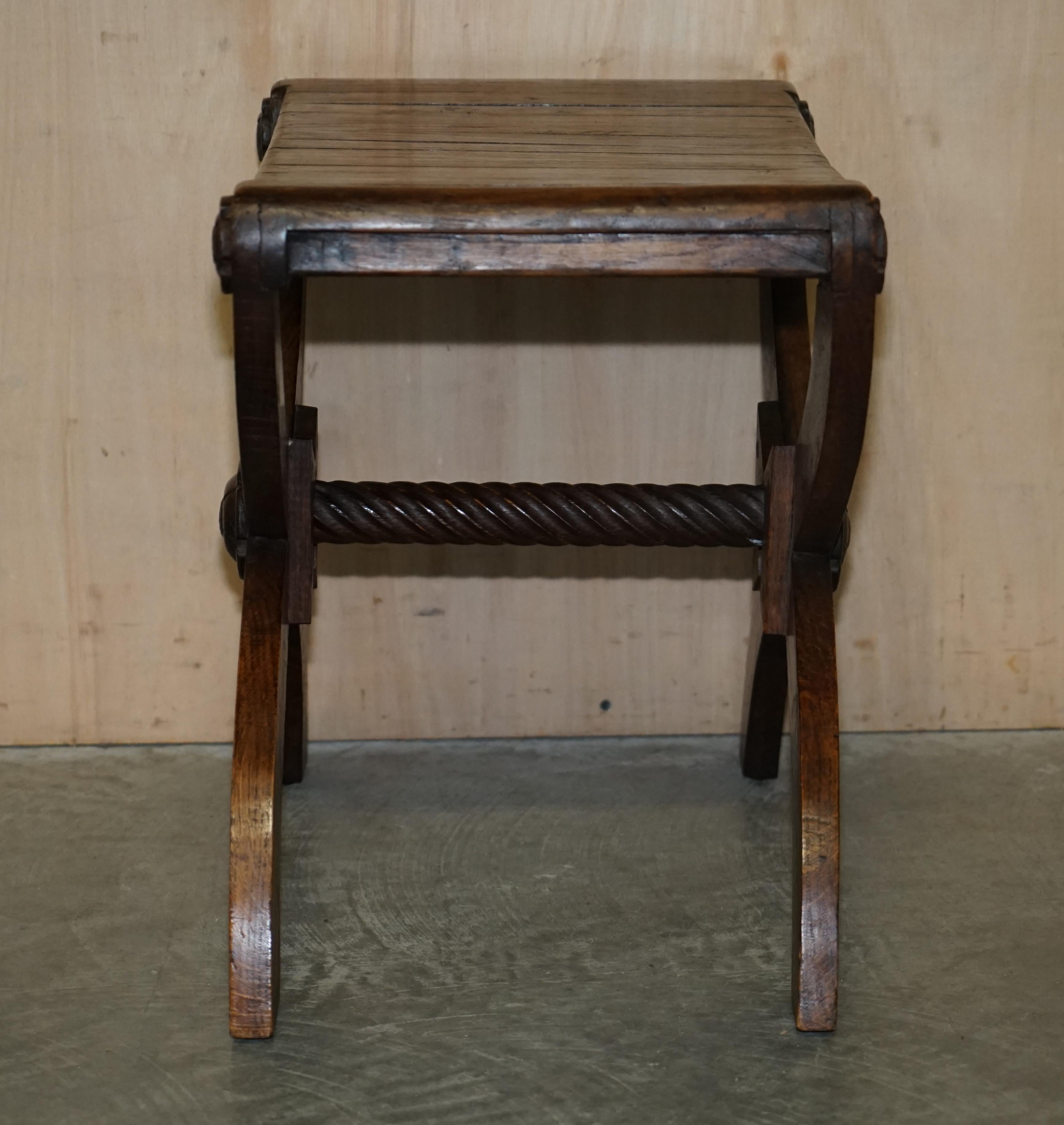 Vintage English Oak Jacobean Style Hand Carved Stool Part of a Large Suite For Sale 11