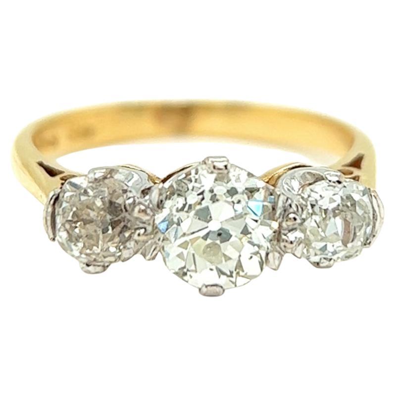 Vintage English Old European Cut Diamond 18K Gold Three Stone Ring