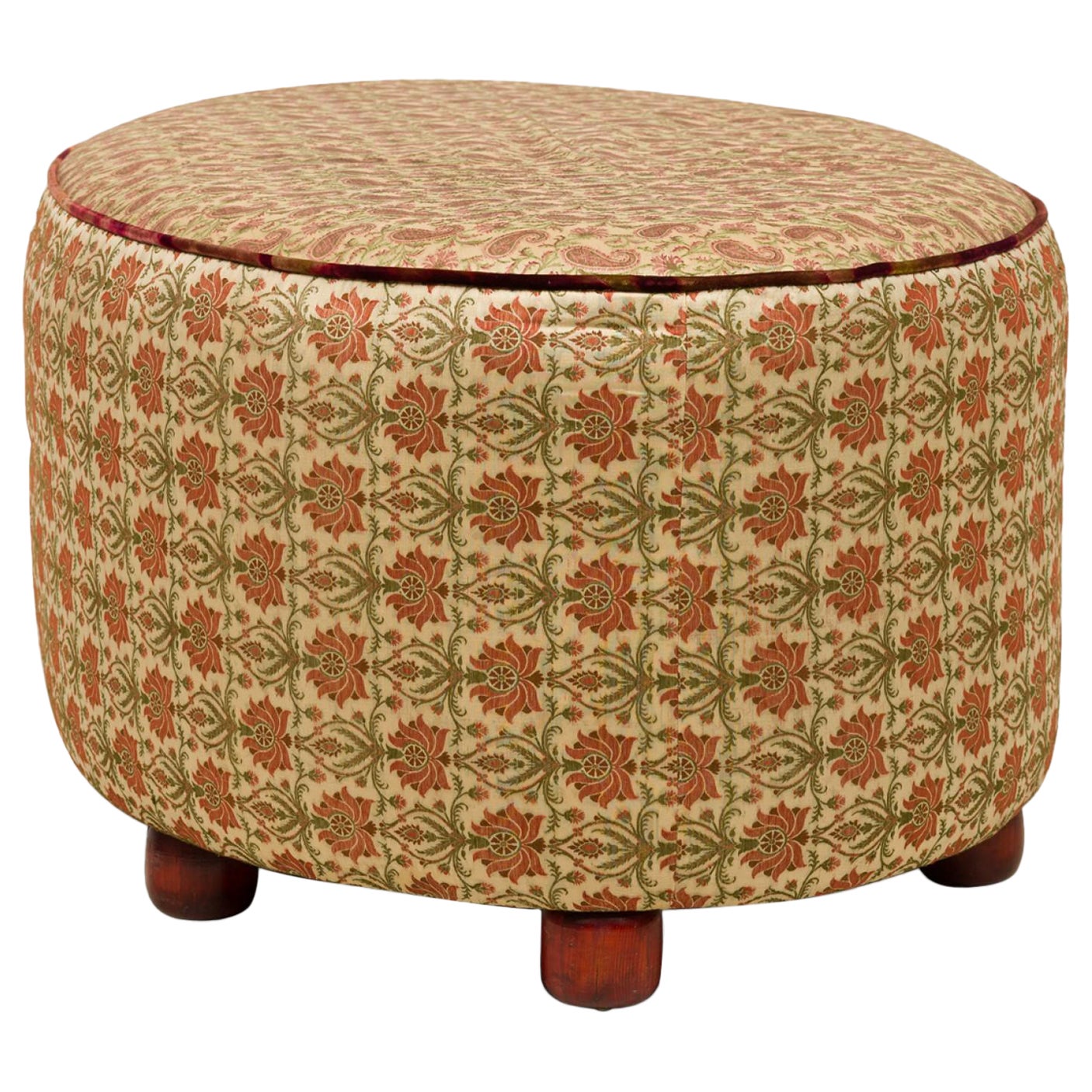 Vintage English Oval Pink 
Beige Floral 
Paisley Patterned Upholstered Ottoman