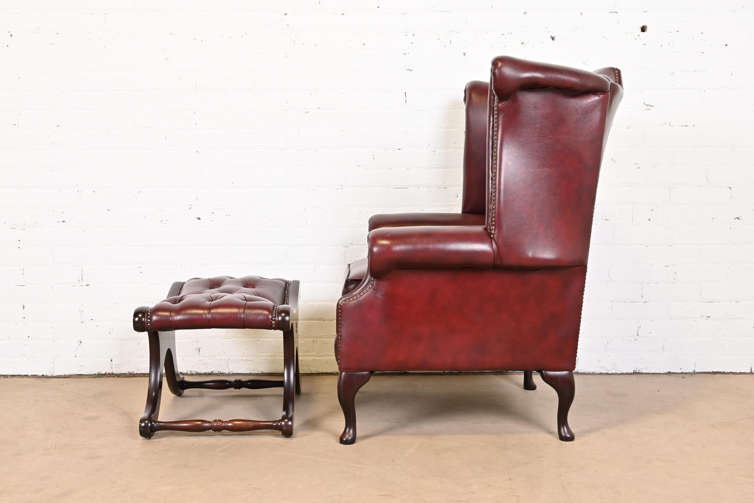Vintage English Oxblood Leather Chesterfield Wingback Lounge Chair with Ottoman 5