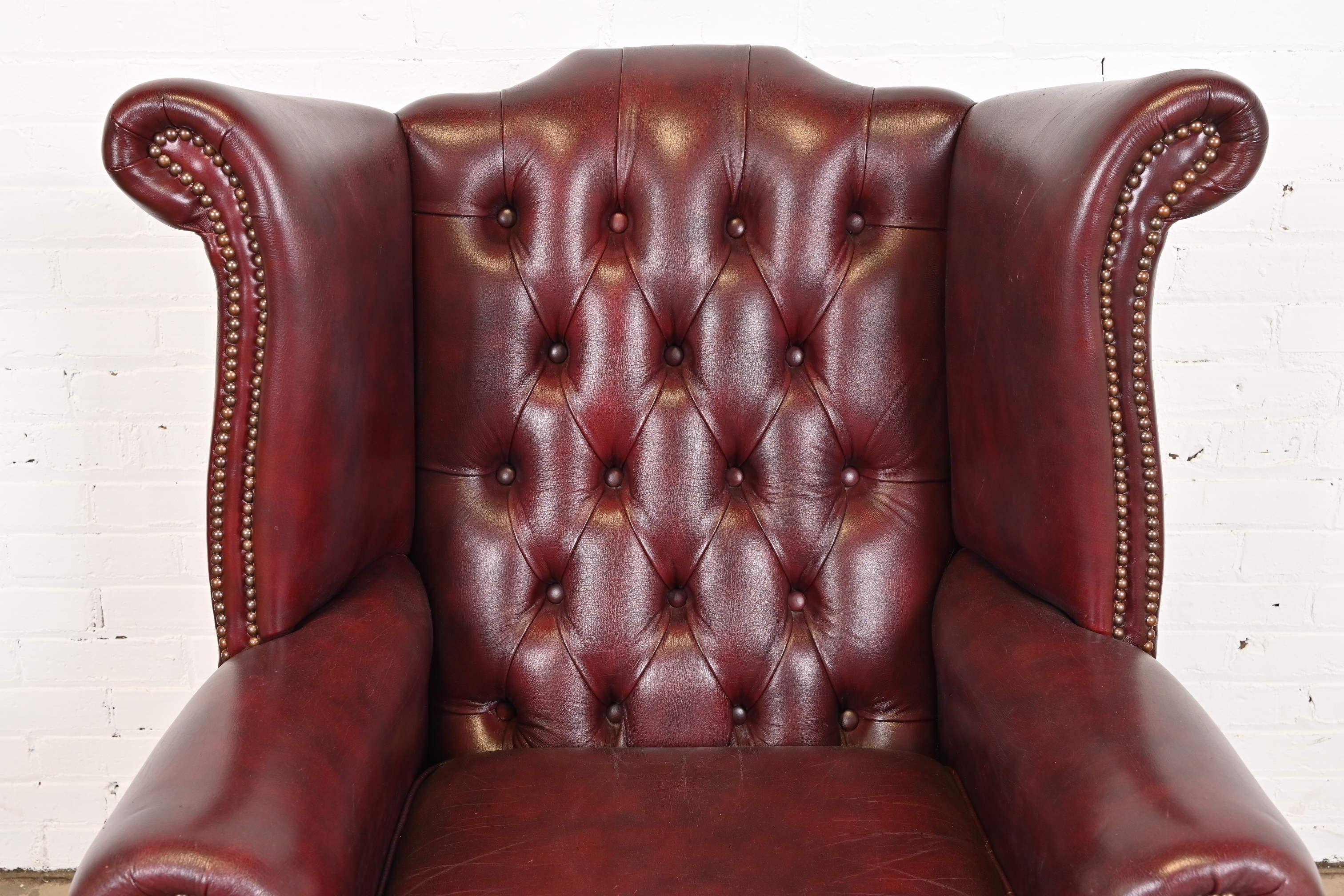 Vintage English Oxblood Leather Chesterfield Wingback Lounge Chair with Ottoman 7