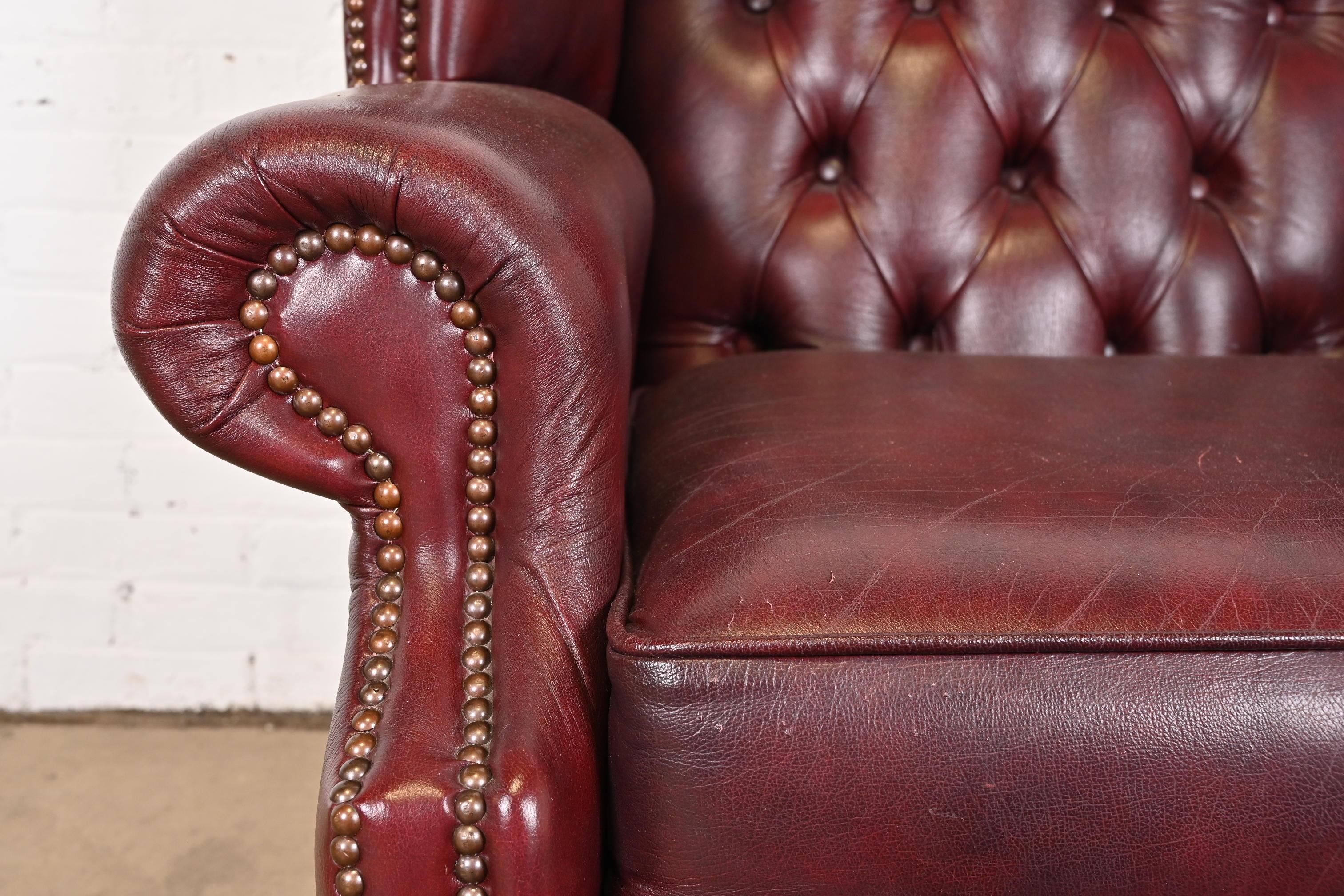 Vintage English Oxblood Leather Chesterfield Wingback Lounge Chair with Ottoman 8