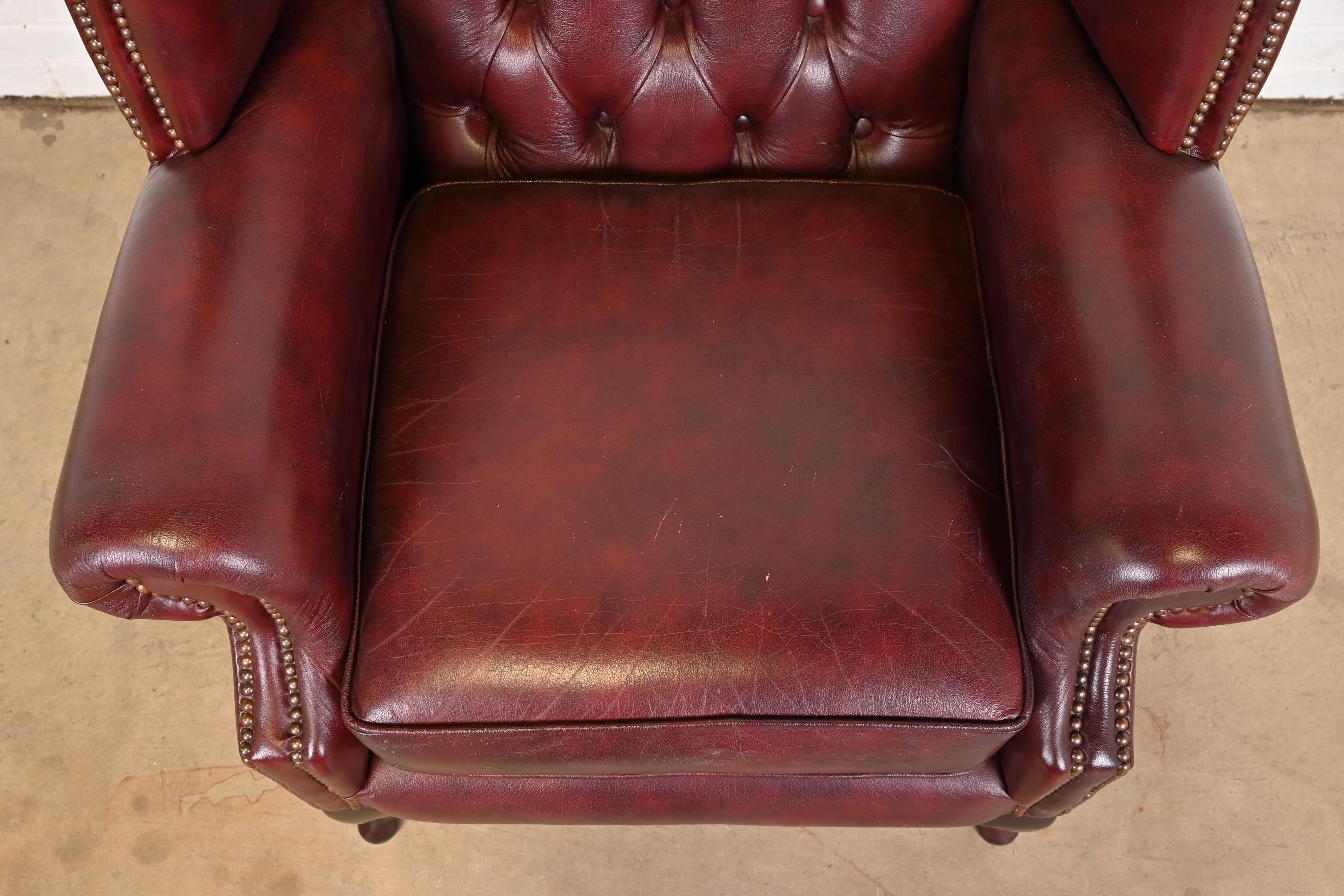 Vintage English Oxblood Leather Chesterfield Wingback Lounge Chair with Ottoman 14