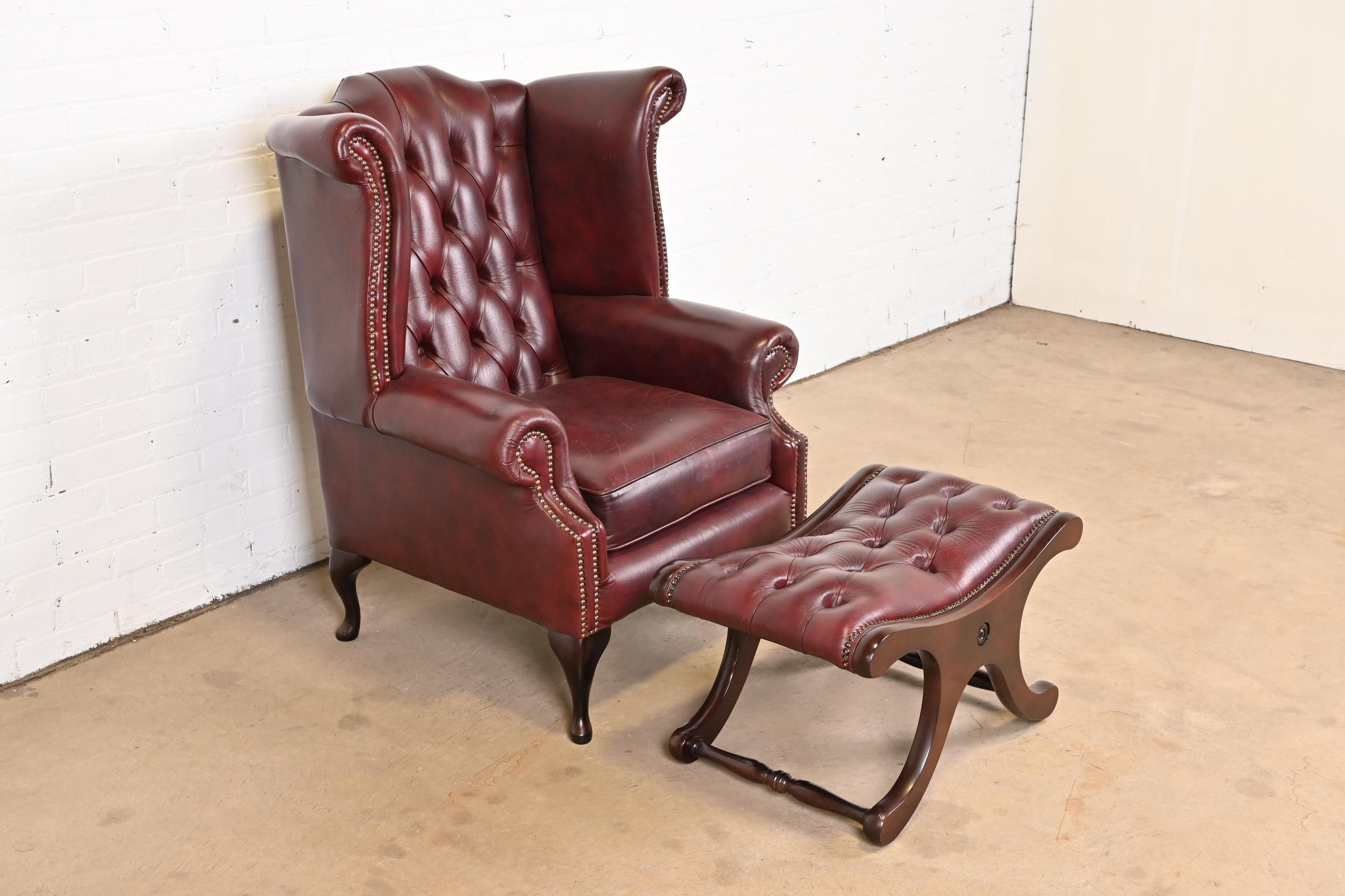 Vintage English Oxblood Leather Chesterfield Wingback Lounge Chair with Ottoman 1