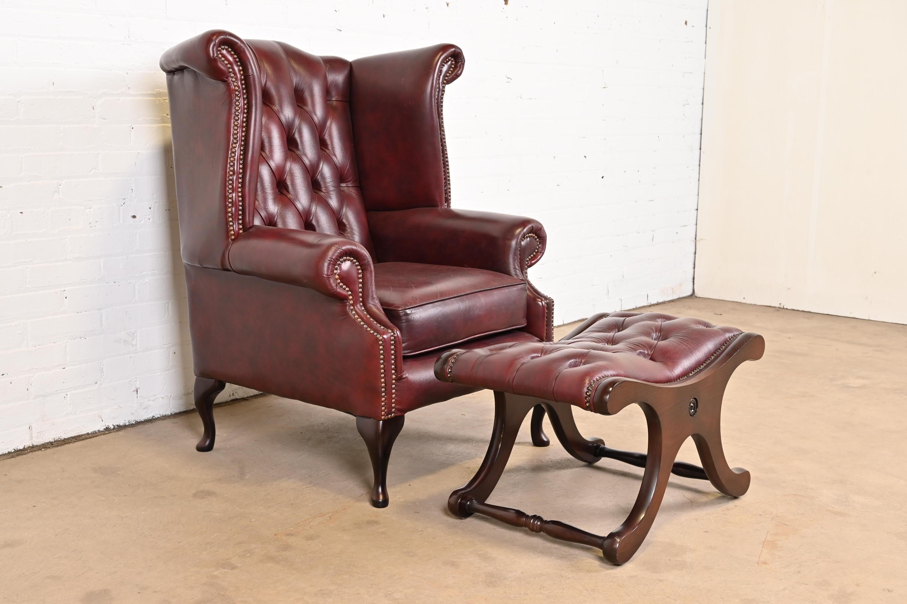 Vintage English Oxblood Leather Chesterfield Wingback Lounge Chair with Ottoman 2