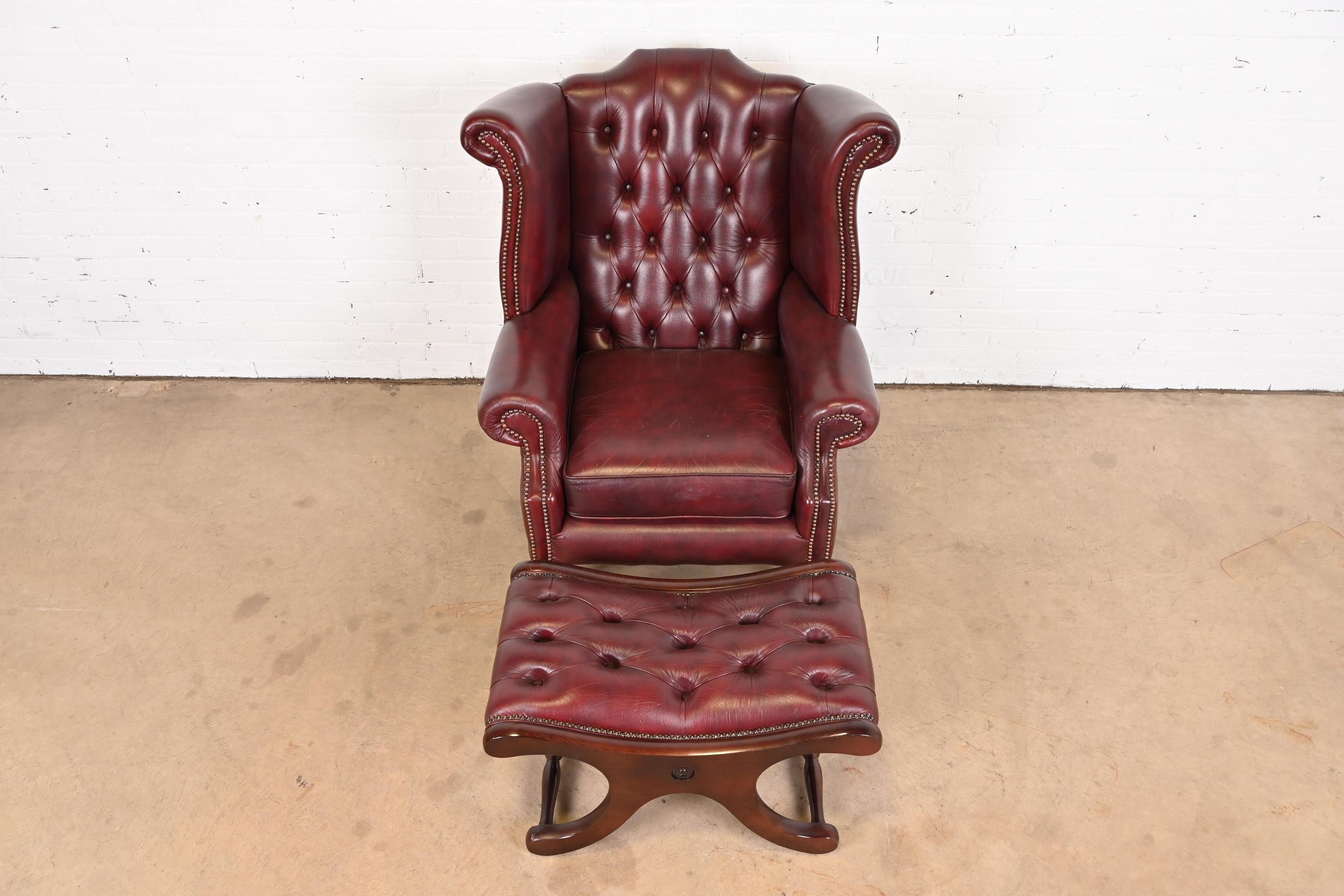 Vintage English Oxblood Leather Chesterfield Wingback Lounge Chair with Ottoman 3