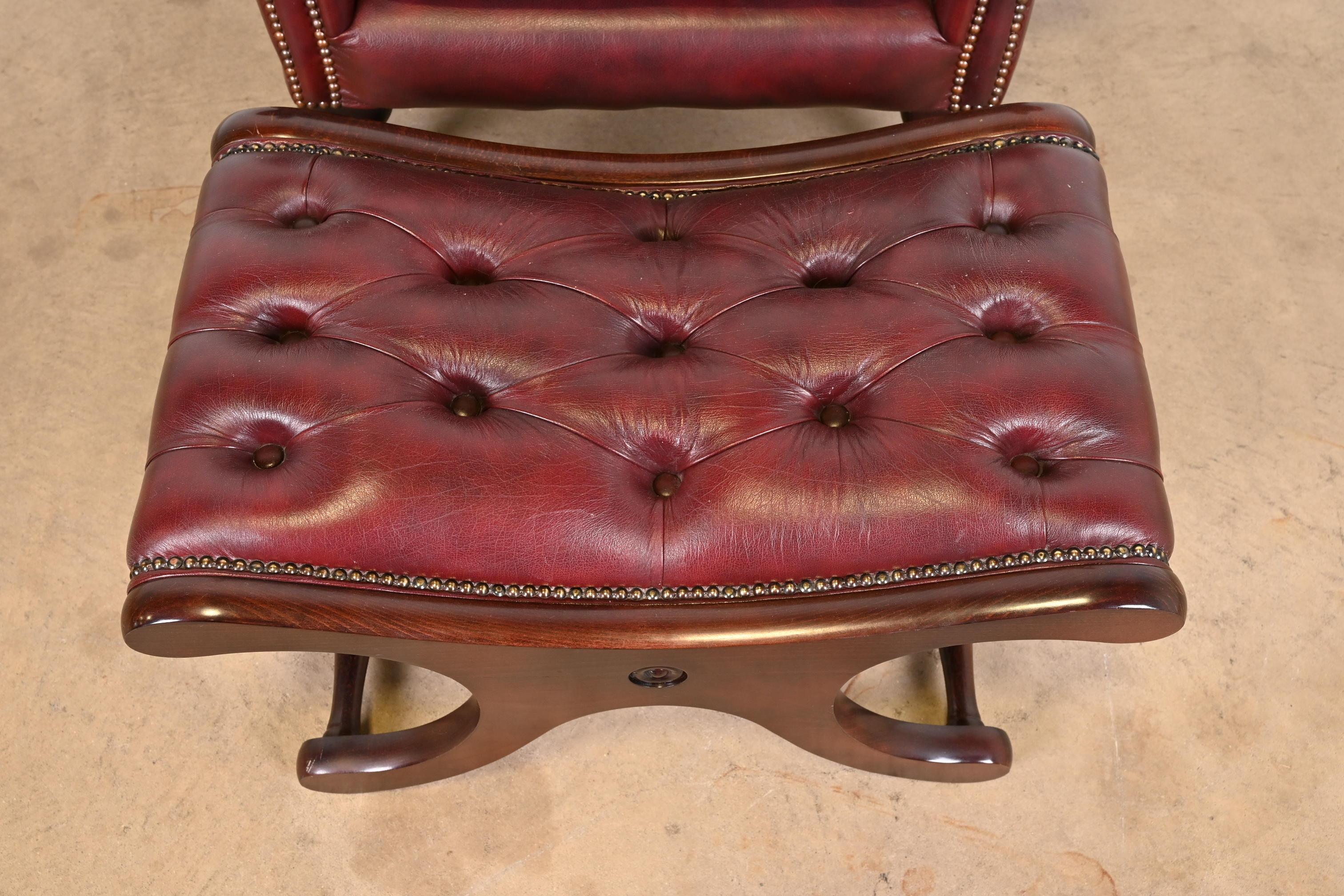 Vintage English Oxblood Leather Chesterfield Wingback Lounge Chair with Ottoman 4
