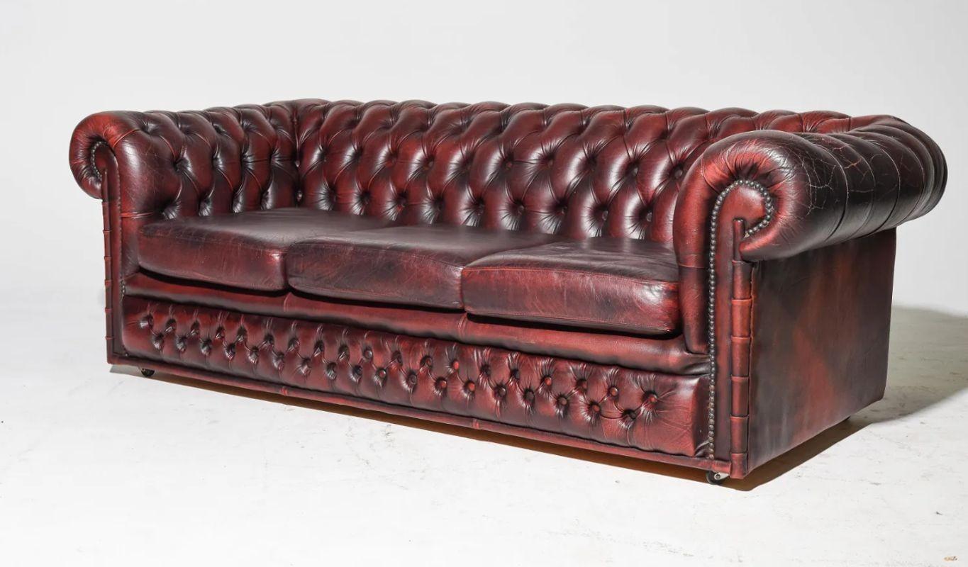 Georgian Oxblood Leather Chesterfield Sofa, Settee Faux Bamboo Front, Tufted 5